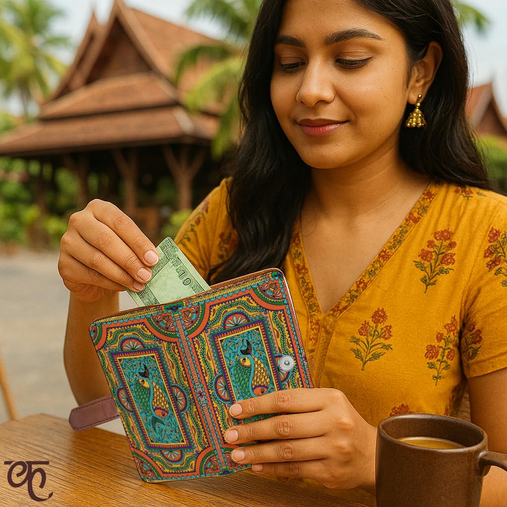 Kalankit Wallet for Woman | Vegan Leather Passport Wallet for Women | Bi-Fold Long Purse for Women Wallet, Birthday Gifts for Women, Passport Holder | Tradition in Motion (Modern Madhubani)