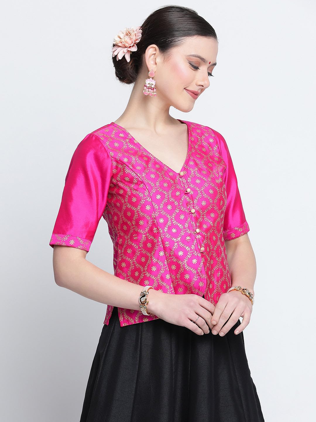 studio rasa Women's Silk Blend Block Printed Button Down Blouse for Wedding Festive Party (TPWC224BL17L_Large_Pink)