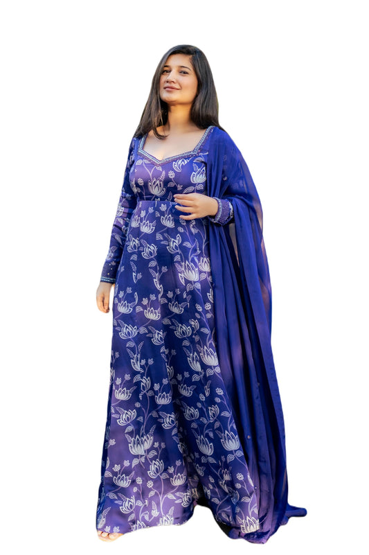 essaySumedha Agrawal Organza Satin Organza Santoon Lotus Print Anarkali for Women (Size: M, Violet)