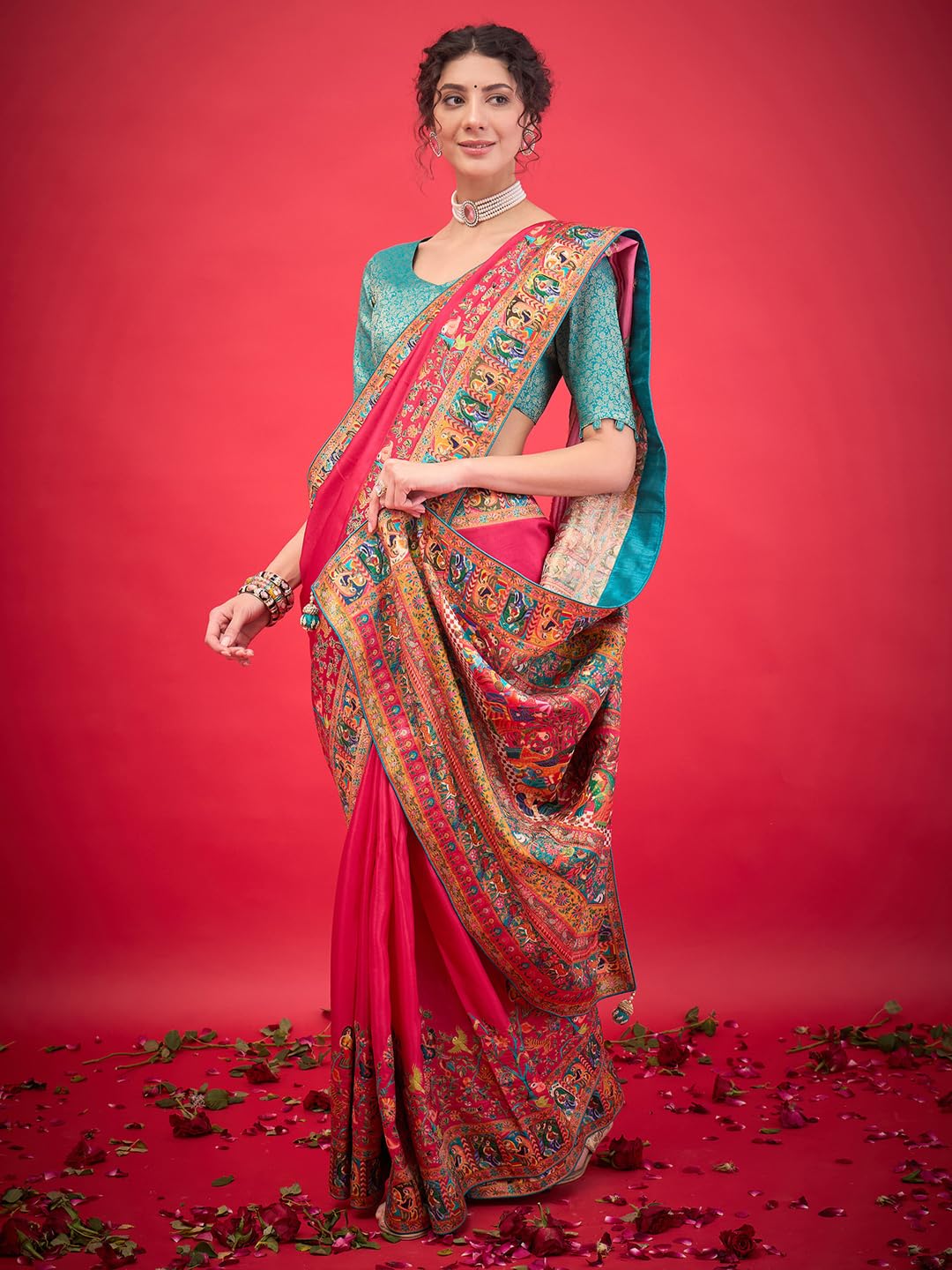 AKHILAM Women's Pink Viscose Silk Ethnic Motif Printed Saree With Unstitched Blouse Piece (MSTANI144A_HS)
