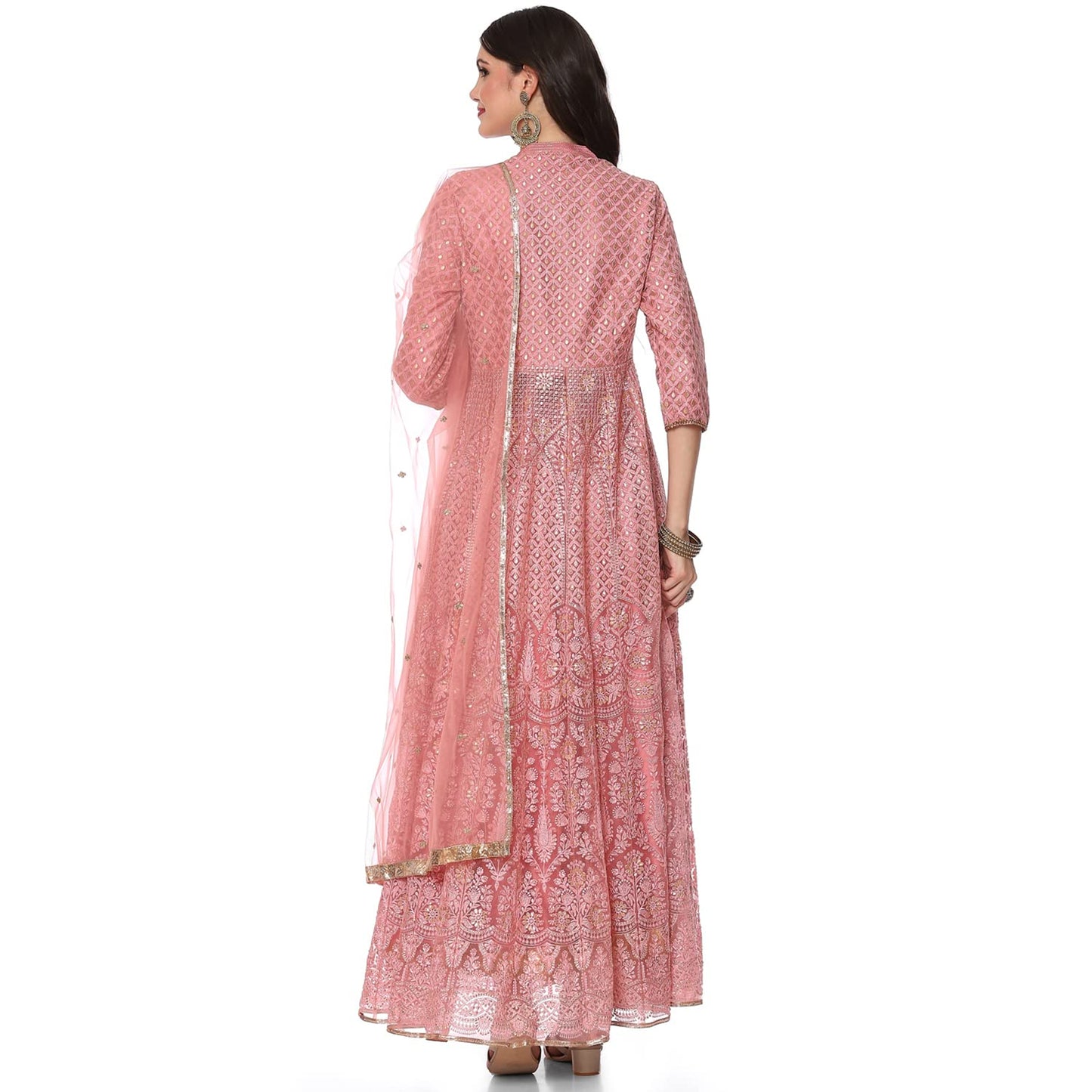 BIBA WOMEN EMBROIDERY FLARED SALWAR KURTA DUPATTA(SKD6463_DSKY PINK_38)