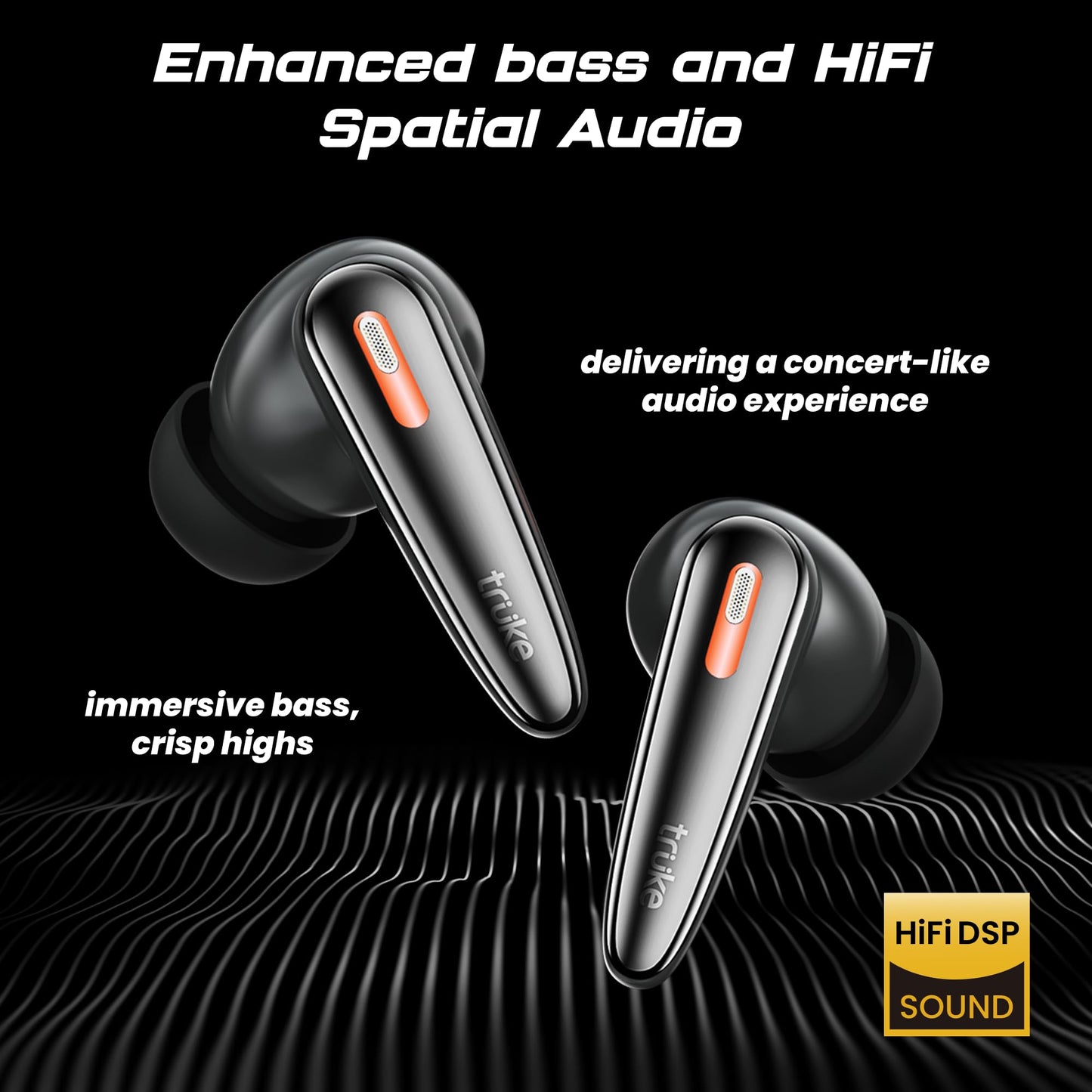 truke New Launch Crystal Bass True Wireless in Ear Earbuds with 13mm Drivers, 70H Playtime Fast Charge, Made in India, HiFi Sound TWS, 40ms Low Latency, 4Mics ENC, BT 5.4 (Matte Black)