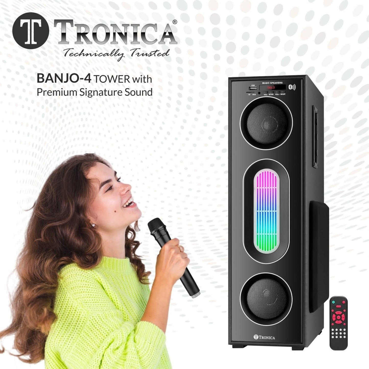 Tronica Banjo-4 Tower Bluetooth Speaker Deep Bass Home Theater with 50W Premium Signature Sound, Master Remote,RGB Lights and Free Wireless mic