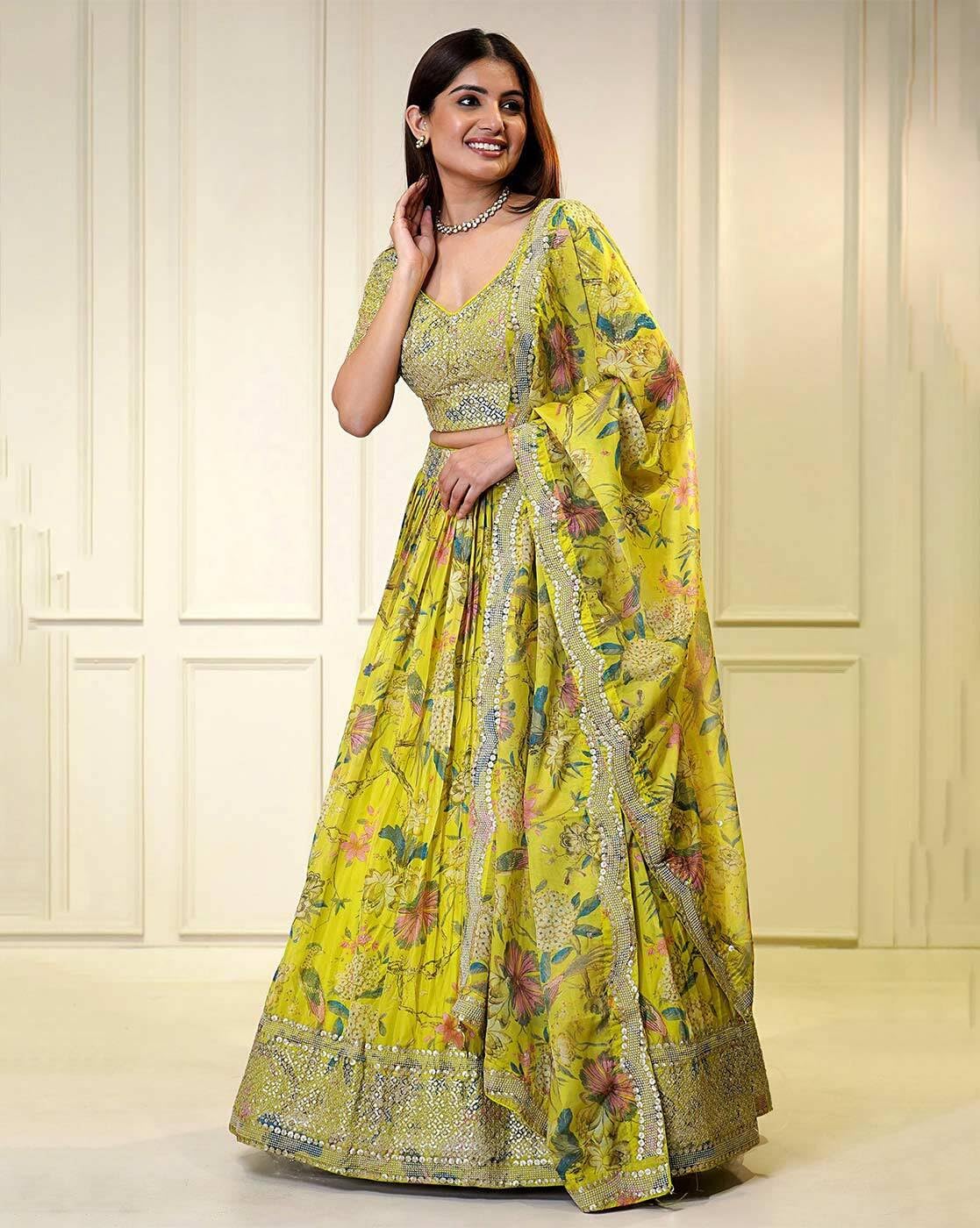 JIHU CULTURE Yellow Digital Print with Sequence Zari Embroidery Work Semi-Sttiched Lehenga Choli Set For Women's