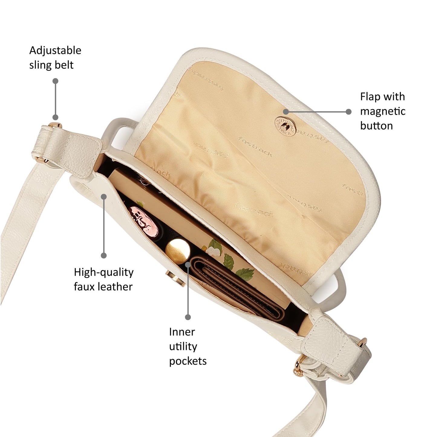 Fastrack Solid Sling Bag with Button Closure for Women, Girls and Laides | Made of Premium Faux Leather | Ladies Purse Handbag | Slings for Casual Carry