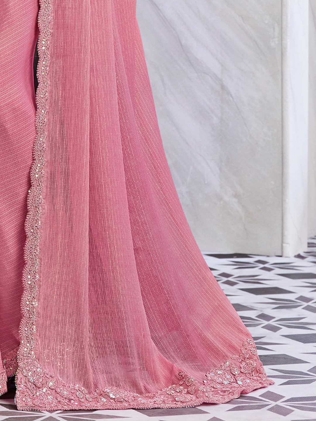 AKHILAM Women's Georgette Embellished Saree With Unstitched Blouse Piece(Pink_SILVER29003_TFH)