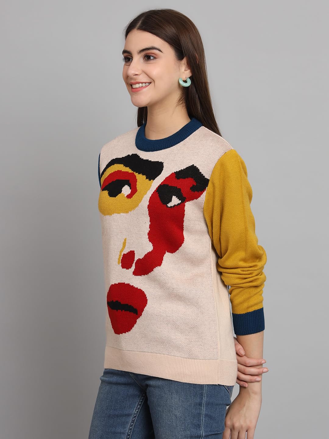 THE DRY STATE Womens Facial Expression Graphic Multicolour Pullover Sweater