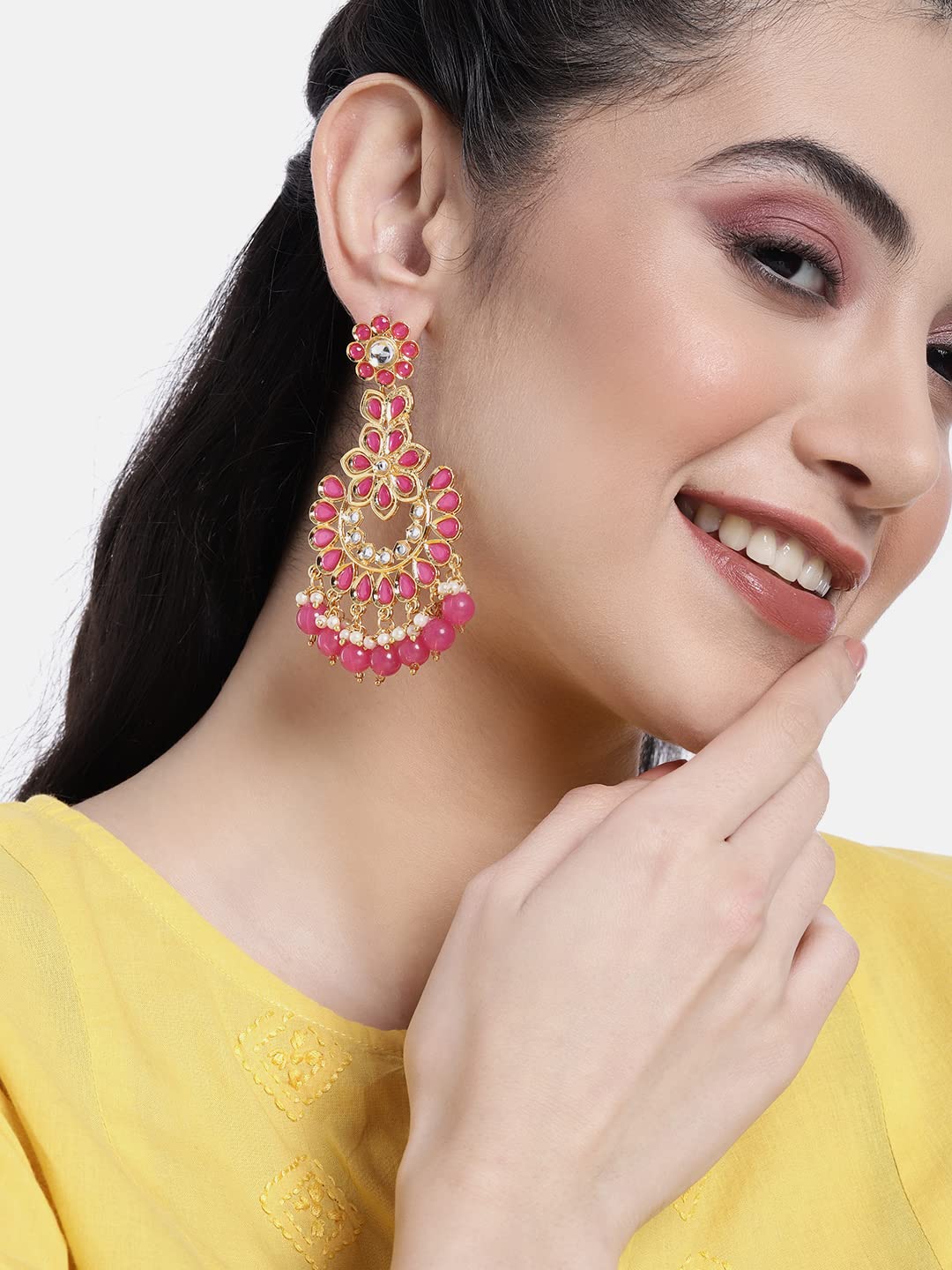 Peora Gold Plated Rani Pink Studded Chandbali Dangle Earrings for Women