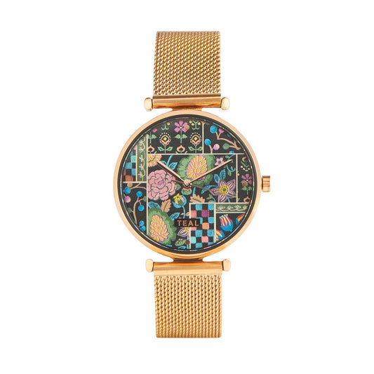 TEAL BY CHUMBAK Round Dial Analog Watch for Women|Jungle Jumble Collection| Stainless Steel Strap|Gifts for Women/Girls/Ladies |Stylish Fashion Watch for Casual/Work - Black