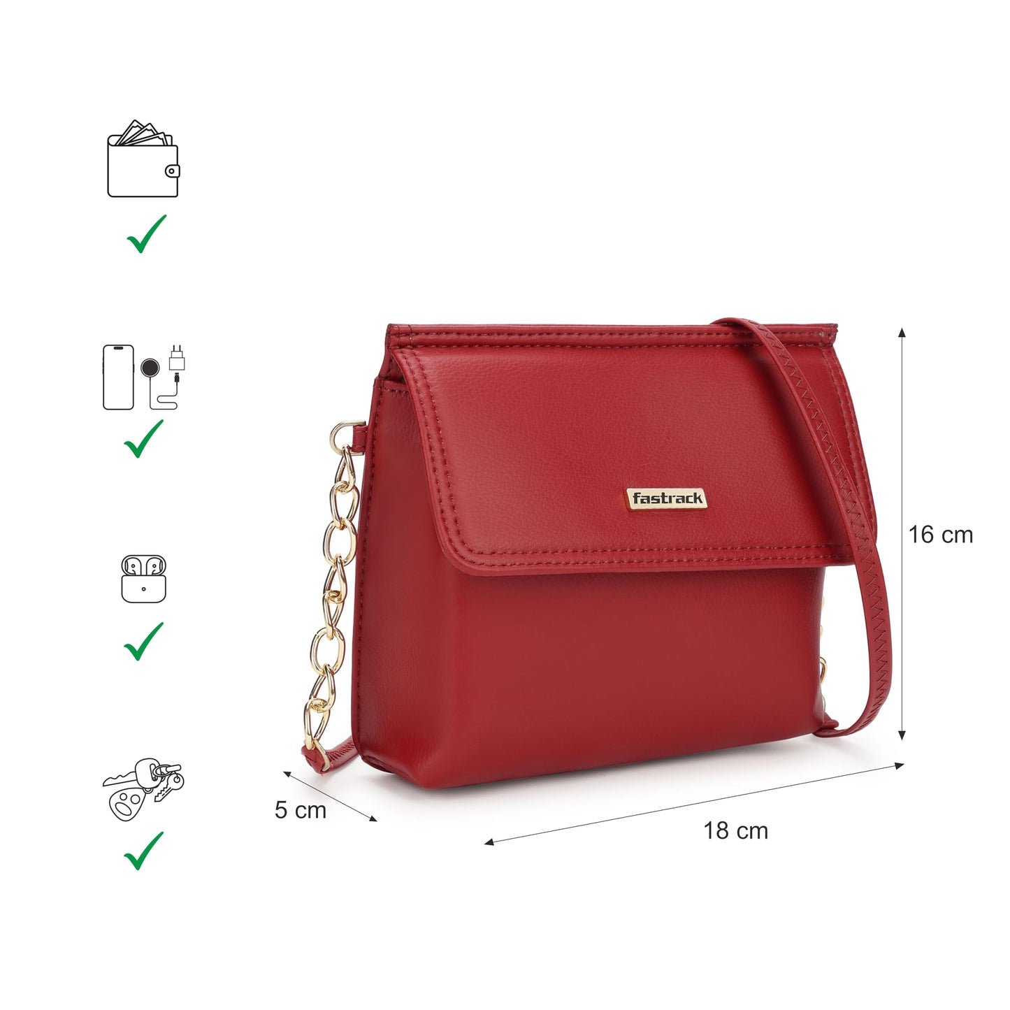 Fastrack Womens Chain Detail Sling Bag In Faux Leather With Flap & Button Lock-Stylish Crossbody With Metal Accents On Strap-Trendy Small Bag,Red