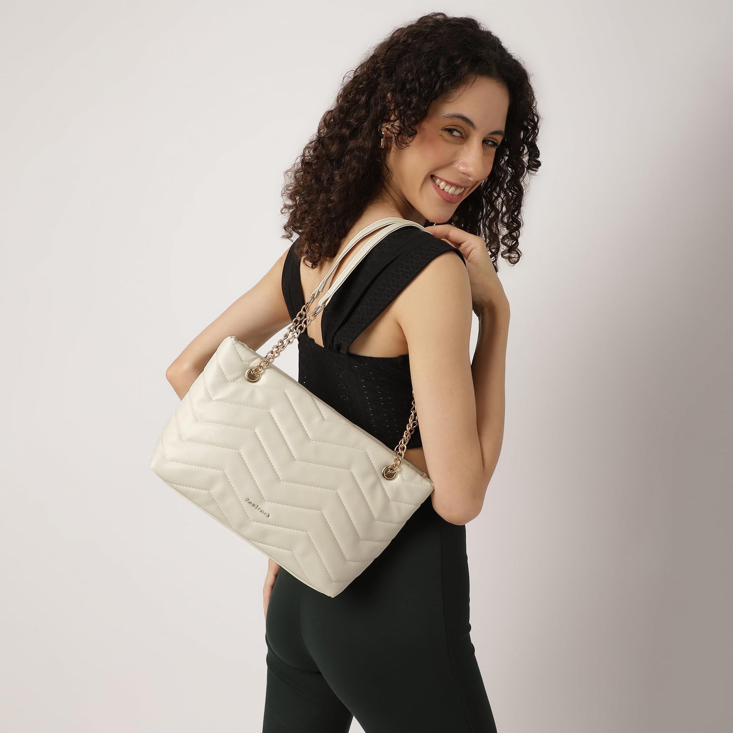 Fastrack Trendy Chevron Quilted Shoulder Bag | Faux-Leather Women's Handbags | Shoulder For Casual Carry, White