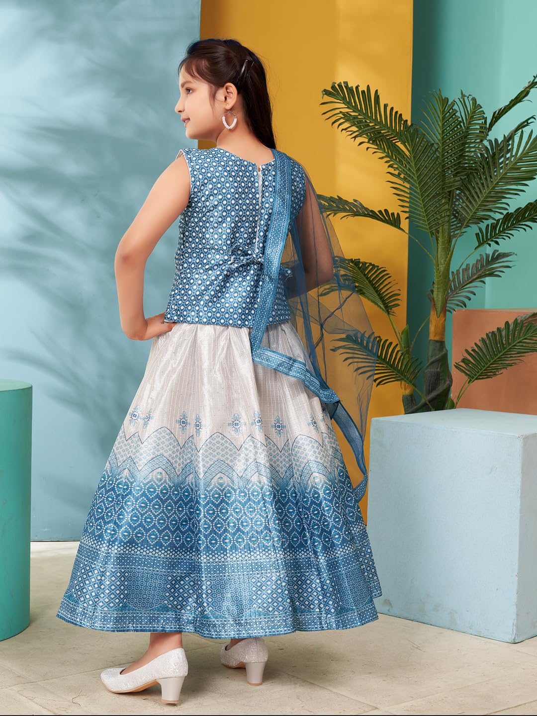 Aarika Girls Turquoise Colour Printed Embellished Stone Silk Lehenga Choli Set (5-11 Years)