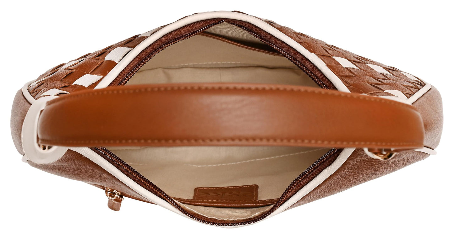 eske Elena Genuine Leather Half Moon Braided Shoulder Bag (Cognac Vanilla)