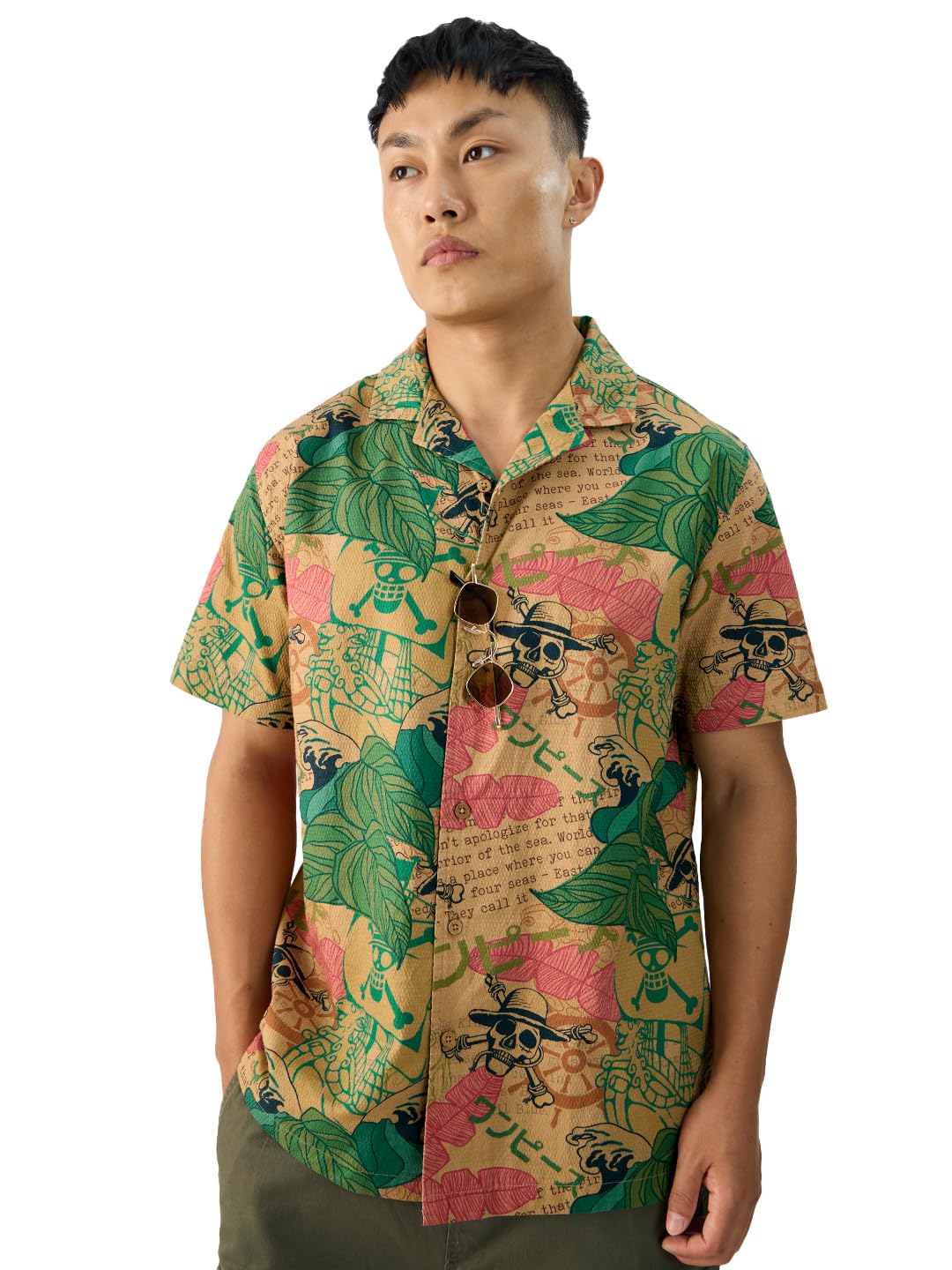 The Souled Store Official One Piece: The Voyage Men and Boys Short Sleeve Collared Neck Button Down All Over Print Regular Fit Cotton Summer Shirts Multicolour