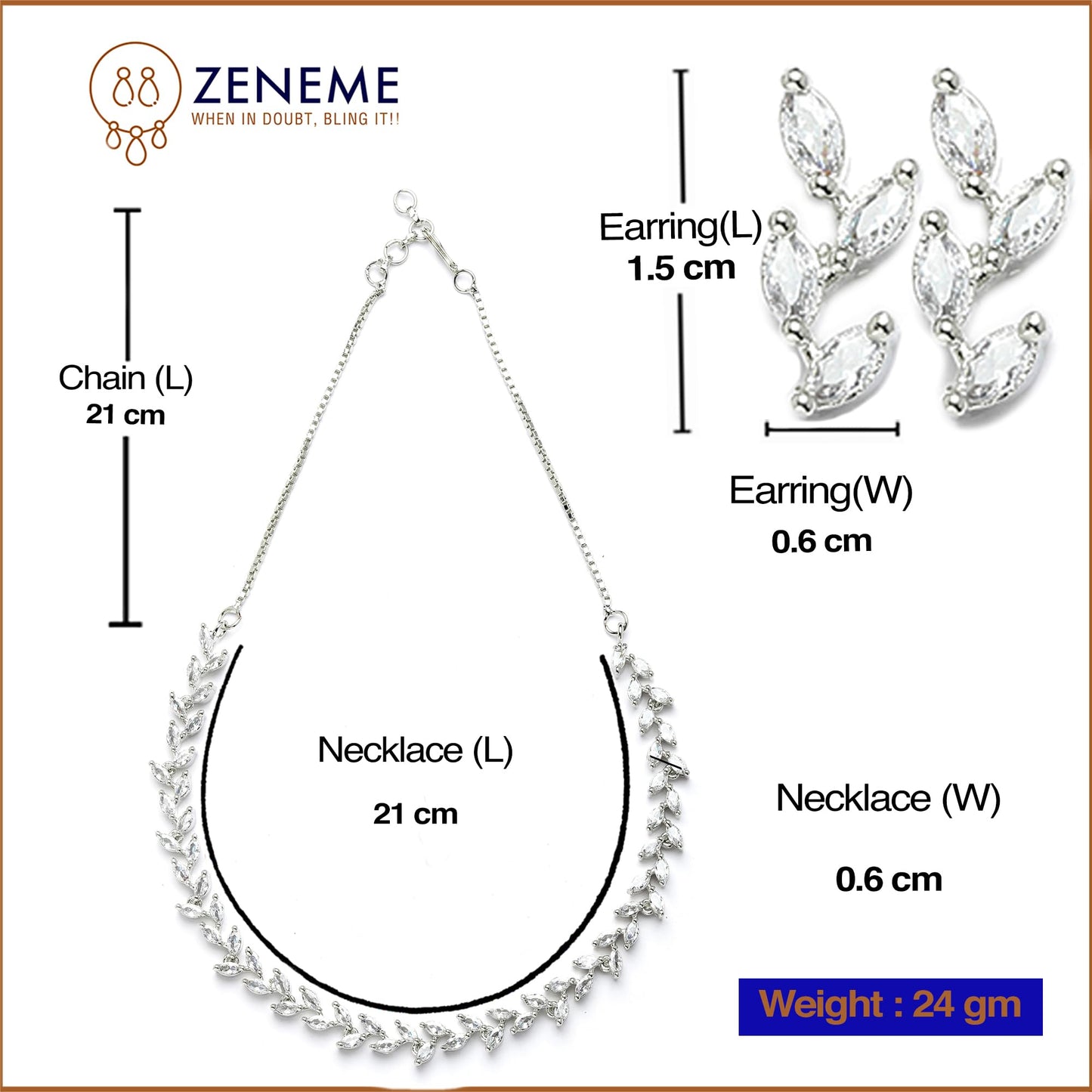 ZENEME Womens Rhodium-Plated with Silver-Toned Leaf Design White American Diamond Studded Jewellery Set (White)