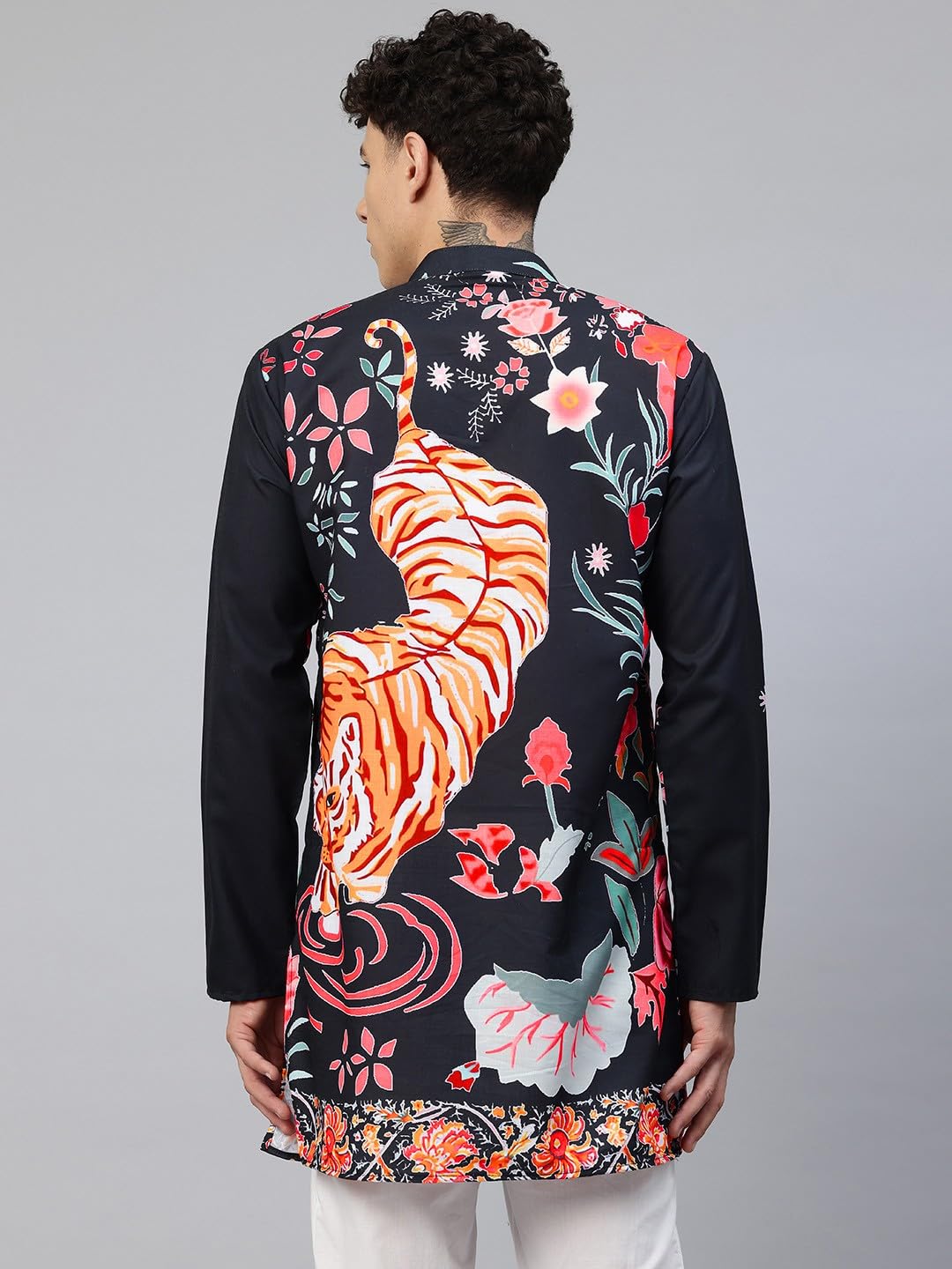 Luxrio Men's Cotton Blend Abstract Jungle Printed Textured Long Kurta Full Sleeves Black Size XXL
