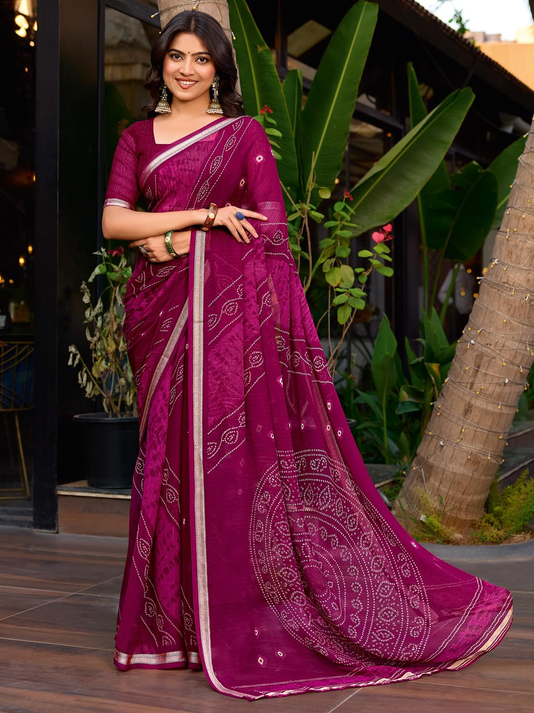 AKHILAM Women's Wine Chiffon Bandhani Print Zari Work Saree With Unstitched Blouse Piece | saree for woman | Designer Saree for Women | Soft and Skin Friendly (BNARSIYA1293_SR)