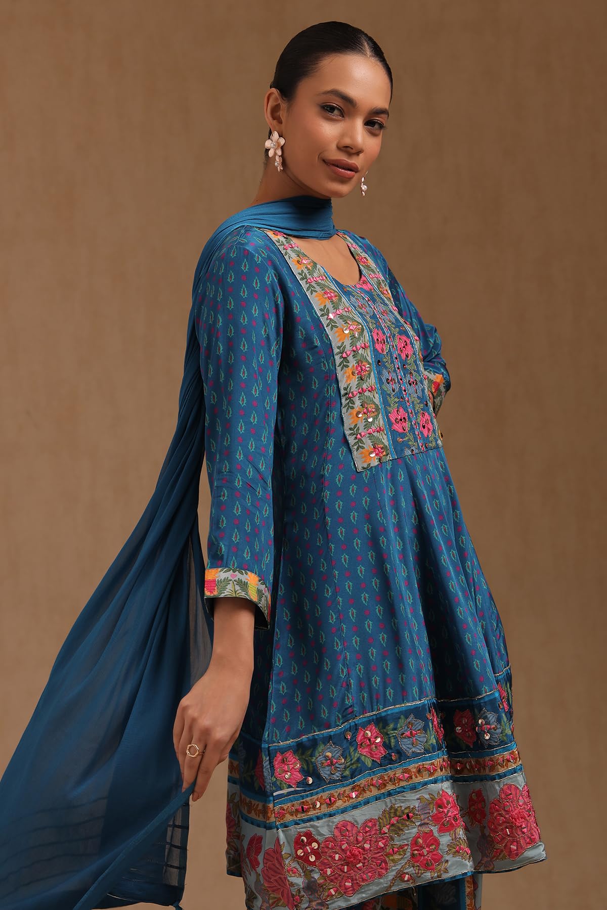 Soch Womens Crepe Floral Print Suit Set With Mirror Work