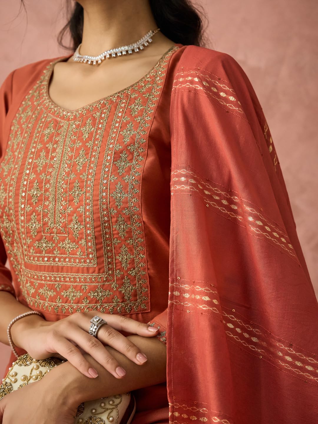 Hritika Rust Cotton Blend Embroidered Round Neck Kurta with Pant and Dupatta_HRKBD0220RUST_L