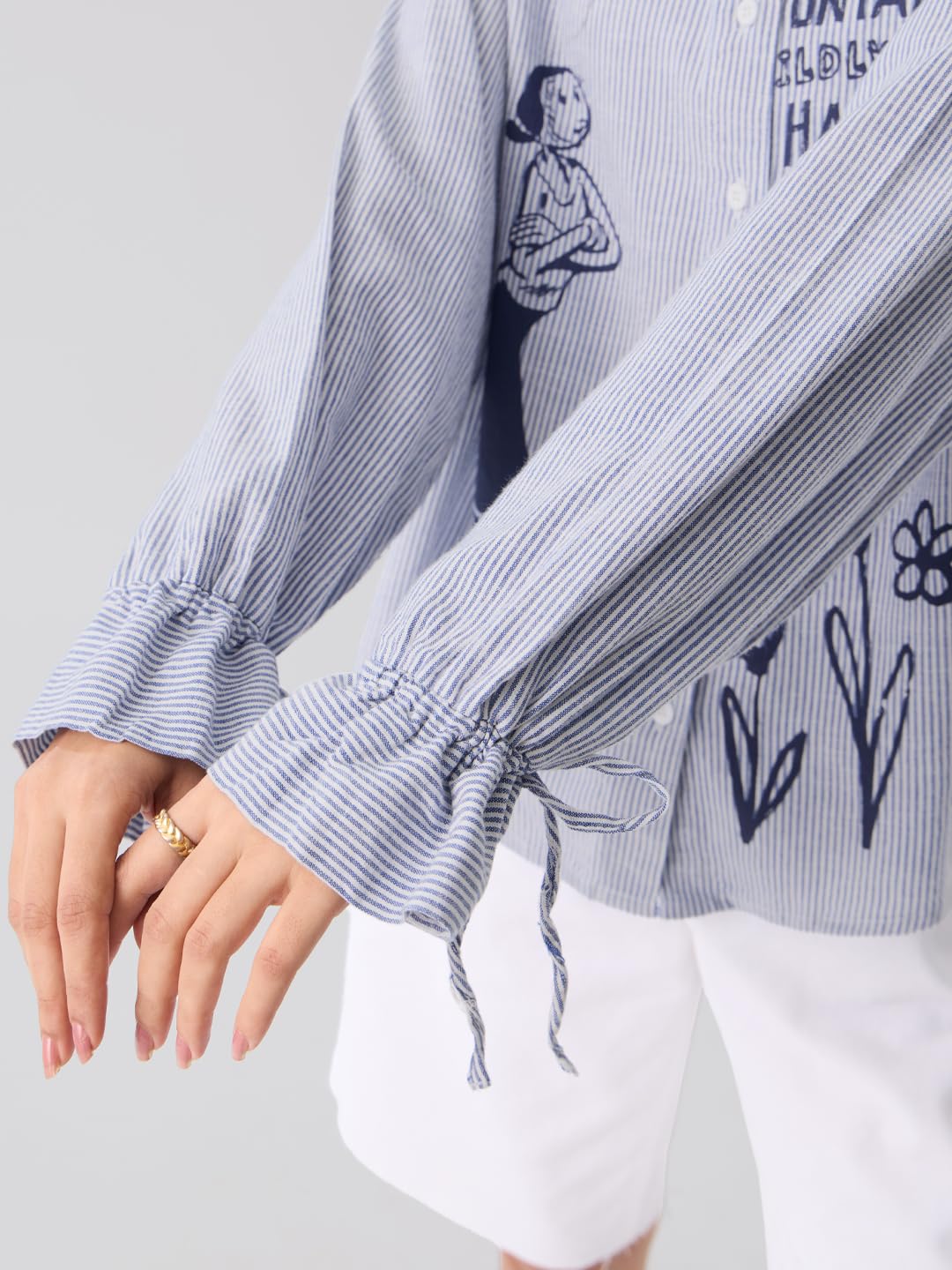 The Souled Store Popeye Collection: Happy Olive Women and Girls Full Sleeves Collared Neck Button Front Blue Printed Cotton Viscose Blend Oversized Fit Boyfriend Shirts