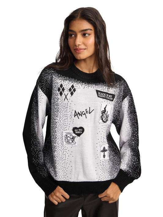 The Souled Store Knitted Sweater: Fallen Angel Women and Girls Oversized Sweater White