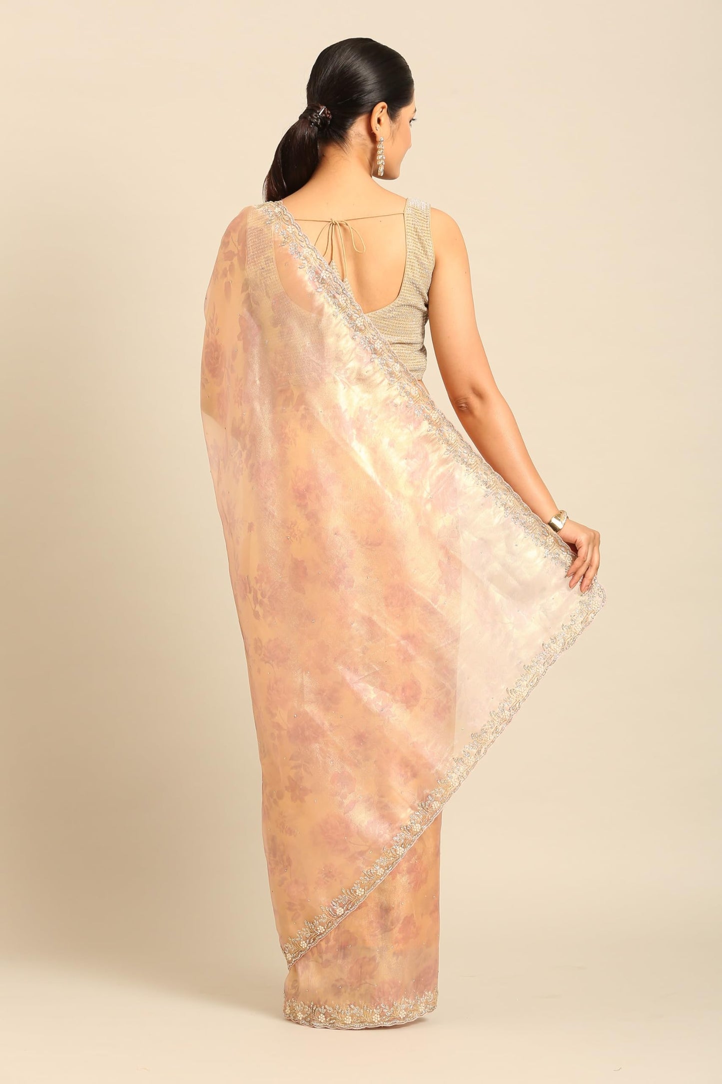MOHEY Women's Pink Net Hand Embroidered|Stone Work Saree