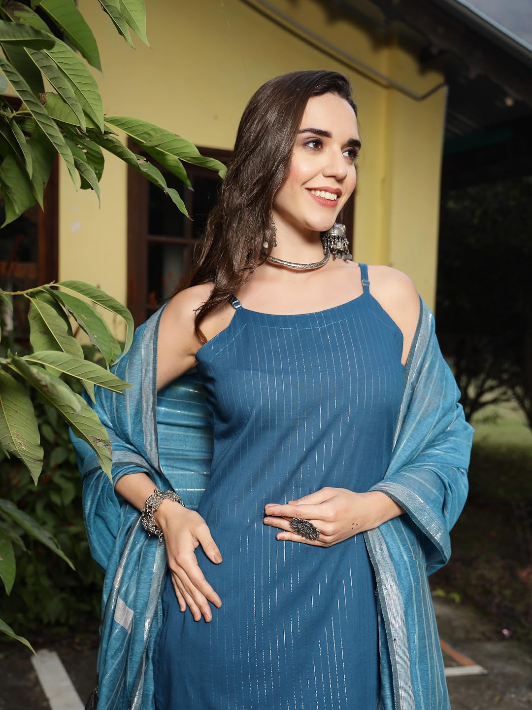 Stylum Women's Woven Design Cotton Blend Straight Kurta Pant Dupatta Set