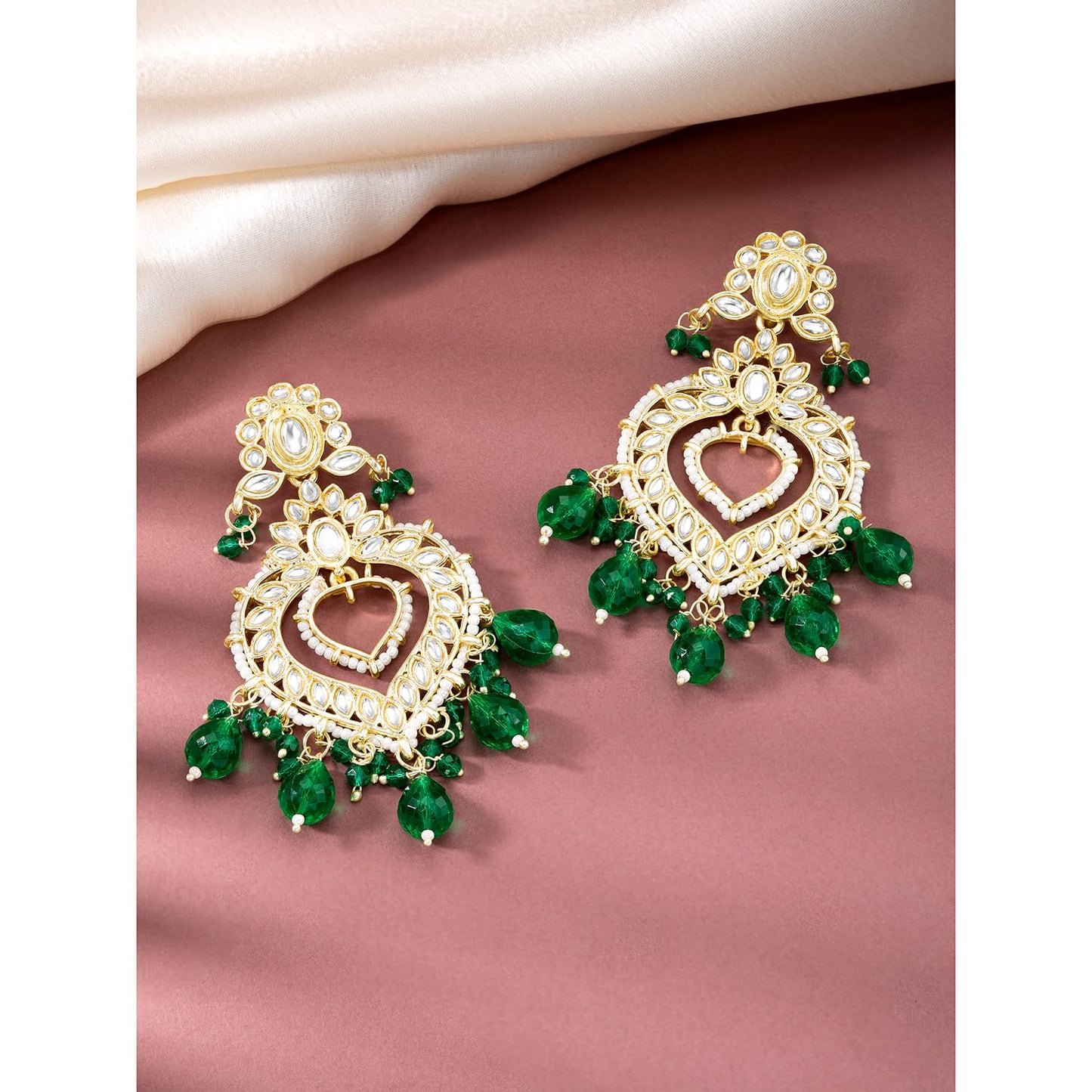 Peora Gold Plated Green Kundan & Beads Studded Dangle Earrings Ethnic Jewellery for Women & Girls