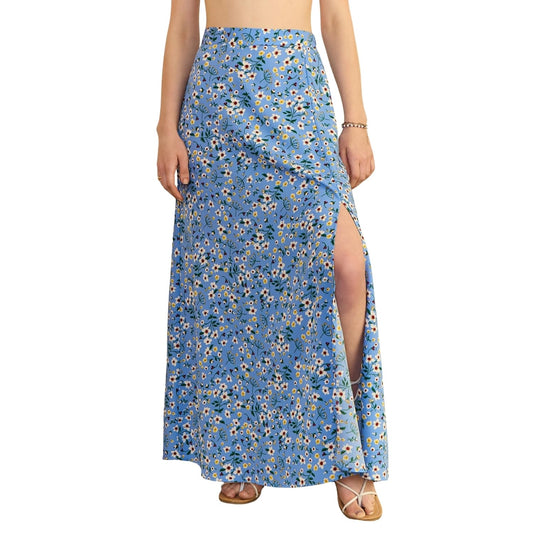 Berrylush Women Blue & White Floral Printed High-Rise Waist Slip-On Thigh-High Slit Flared Maxi Skirt