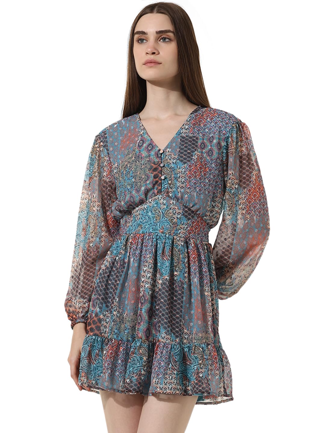 ONLY Women Printed Polyester Above Knee Multicolor Tiered Dress