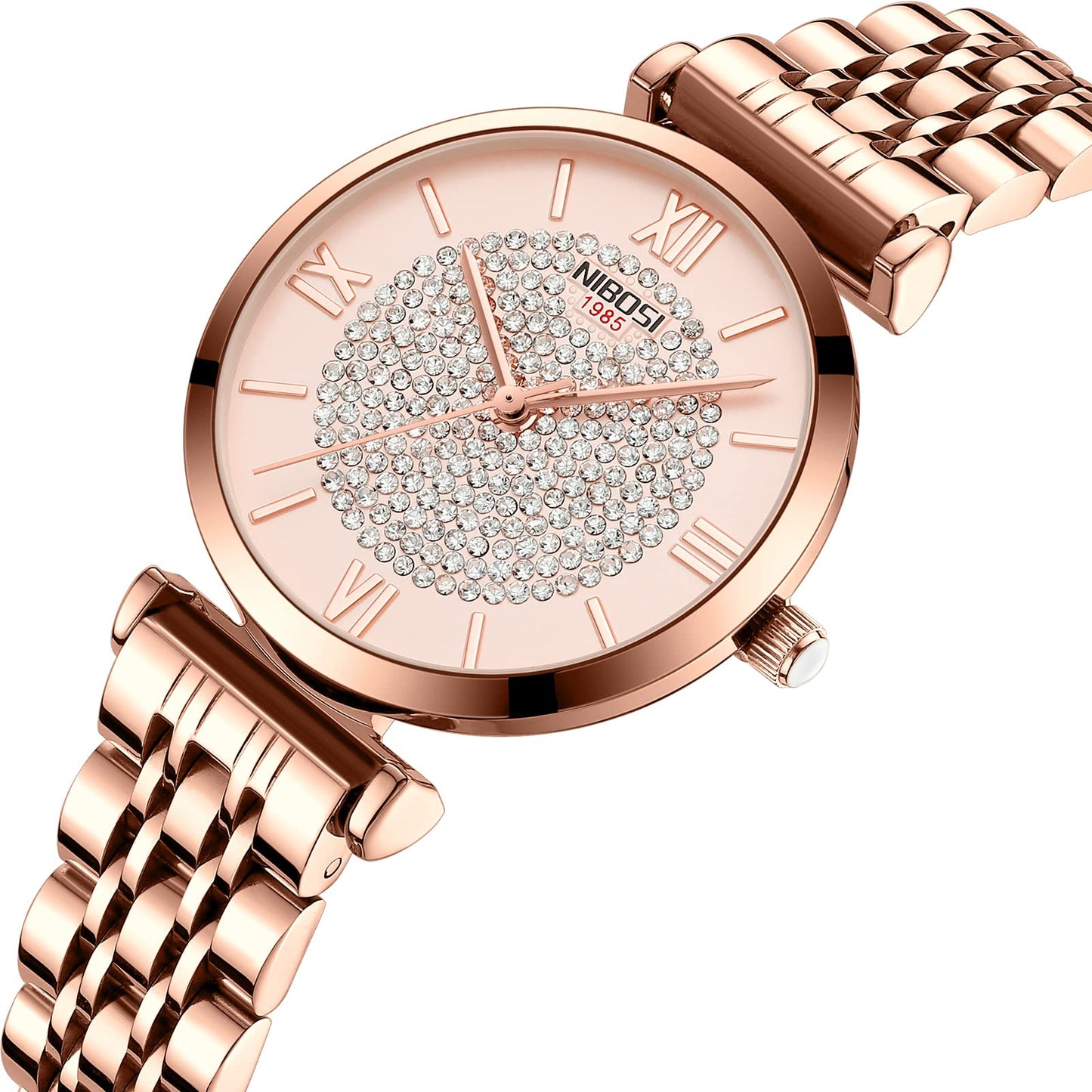 NIBOSI Stainless Steel Women's Analogue Wrist Watch - Rose Gold Dial With Stylish Diamond Studded Design for Girls, Ladies & Miss