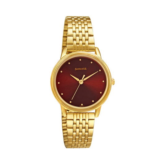 Sonata Gold Edit Maroon Dial Women Watch with Stainless Steel Strap-NS8175YM03