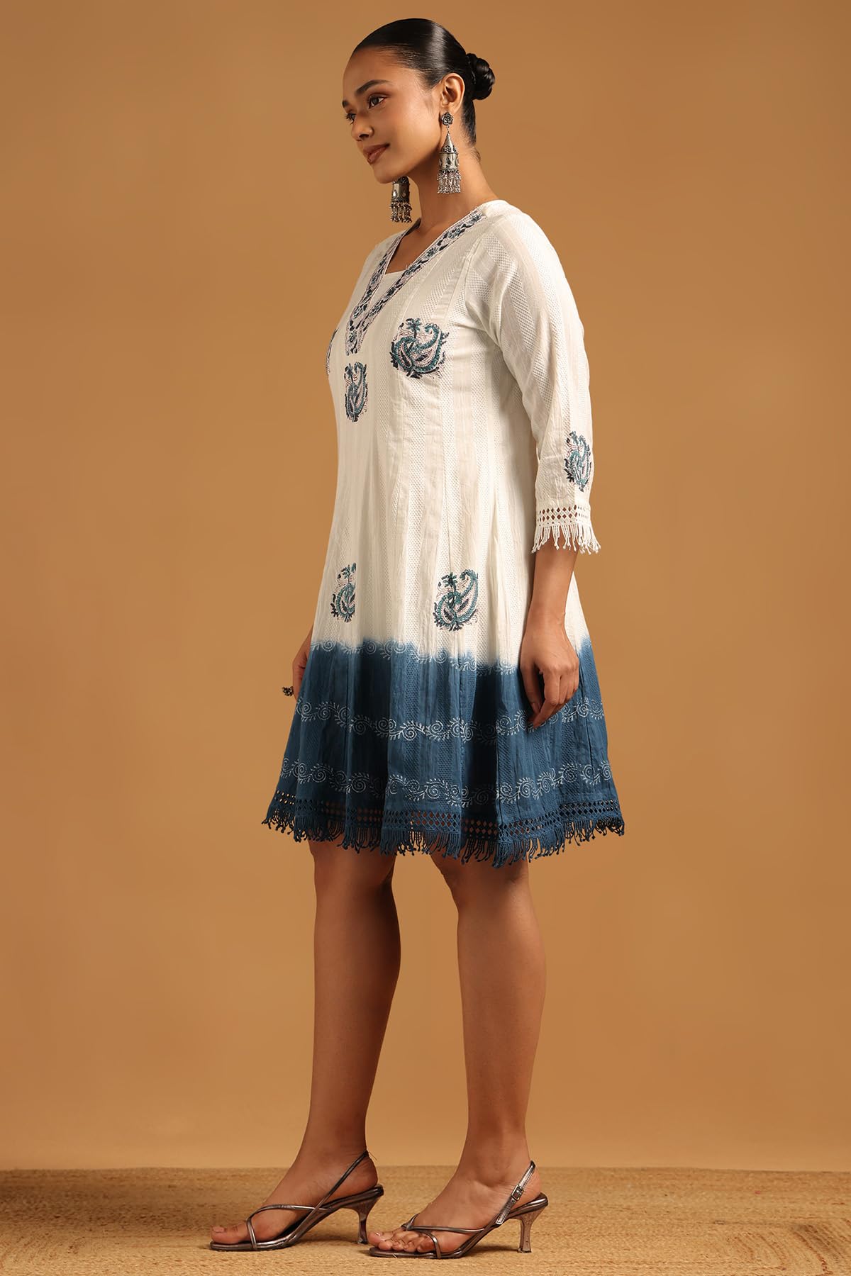 Soch Womens Off White Cotton Dobby Botanical Dress with Lace