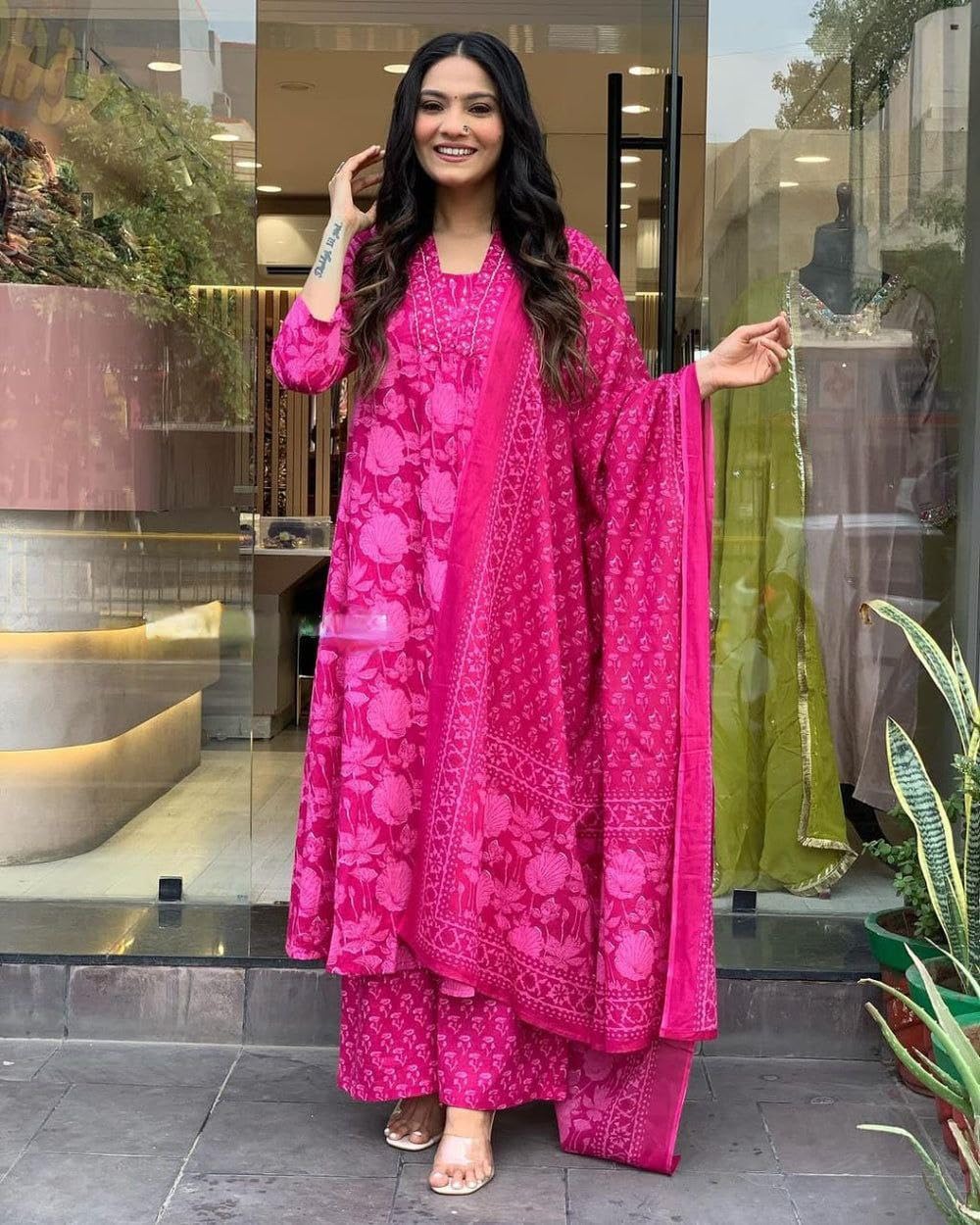 Modestouze Attires Women's Rayon Floral Printed Salwar Suit Set | V Neck 3/4 Sleeve Fit Flared Calf Length Kurta and Cotton Dupatta with Printed Palazzo | MA-K207-PINK-XXL