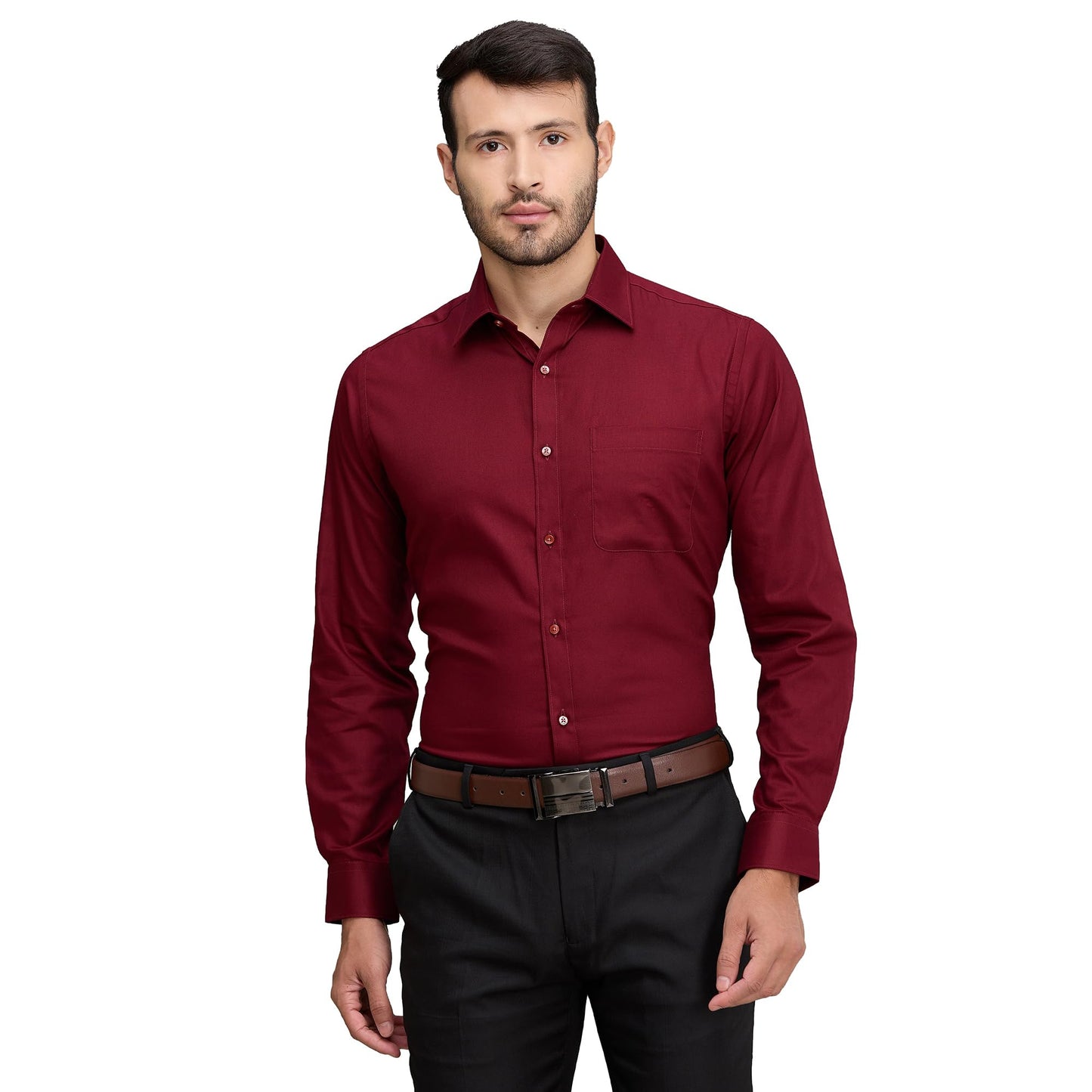 Raymond Men's Slim Fit Solid Pattern Pure Cotton Full Sleeve Semi Cut Away Collar Formal Shirt (Size: 42)-RMSX12982-R7 Dark Red
