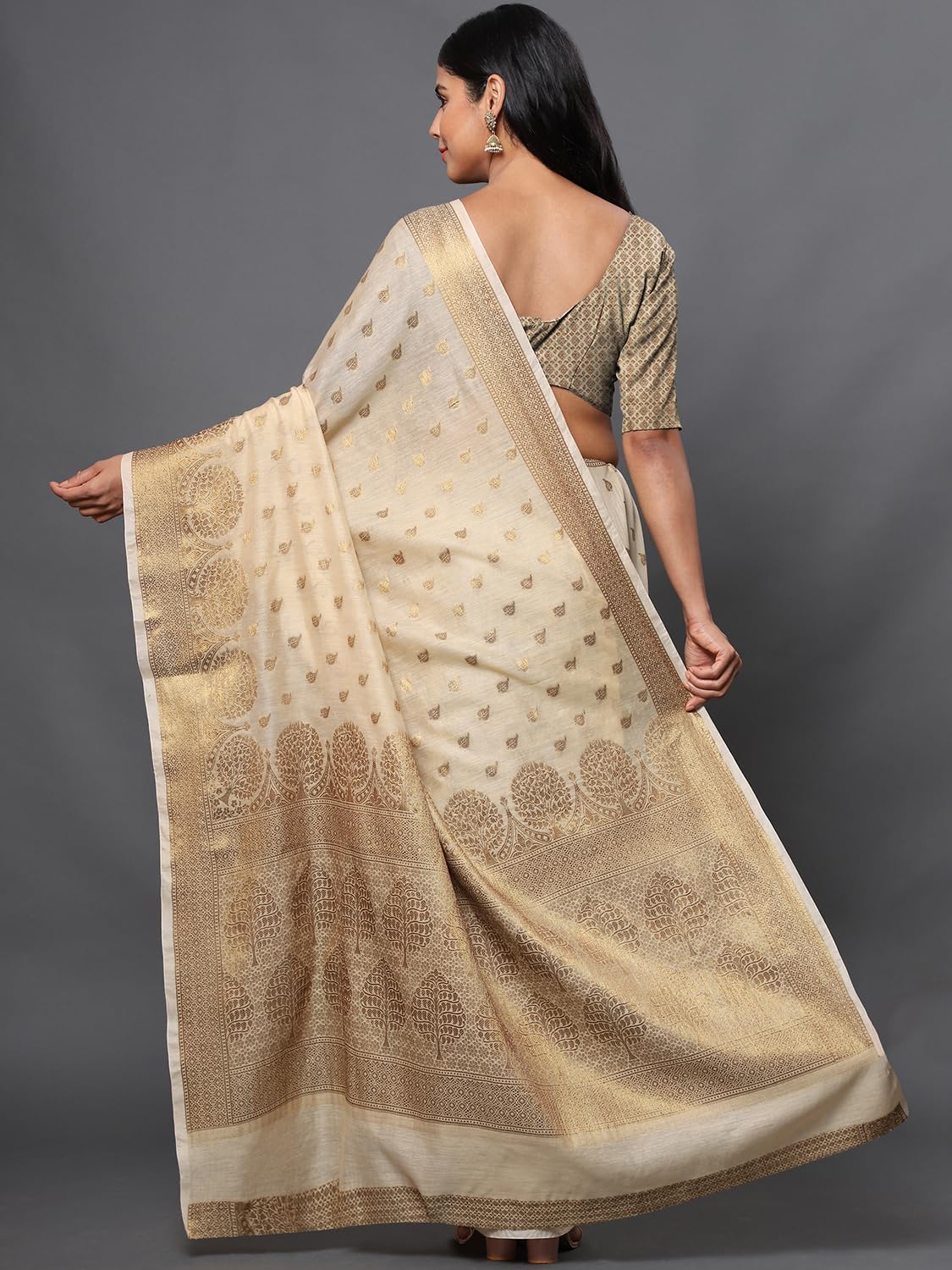 leeza store Women's Khaki Cotton Silk Blend Golden Zari Tree Pattern Border Rich Pallu Banarasi Saree With Blouse Piece