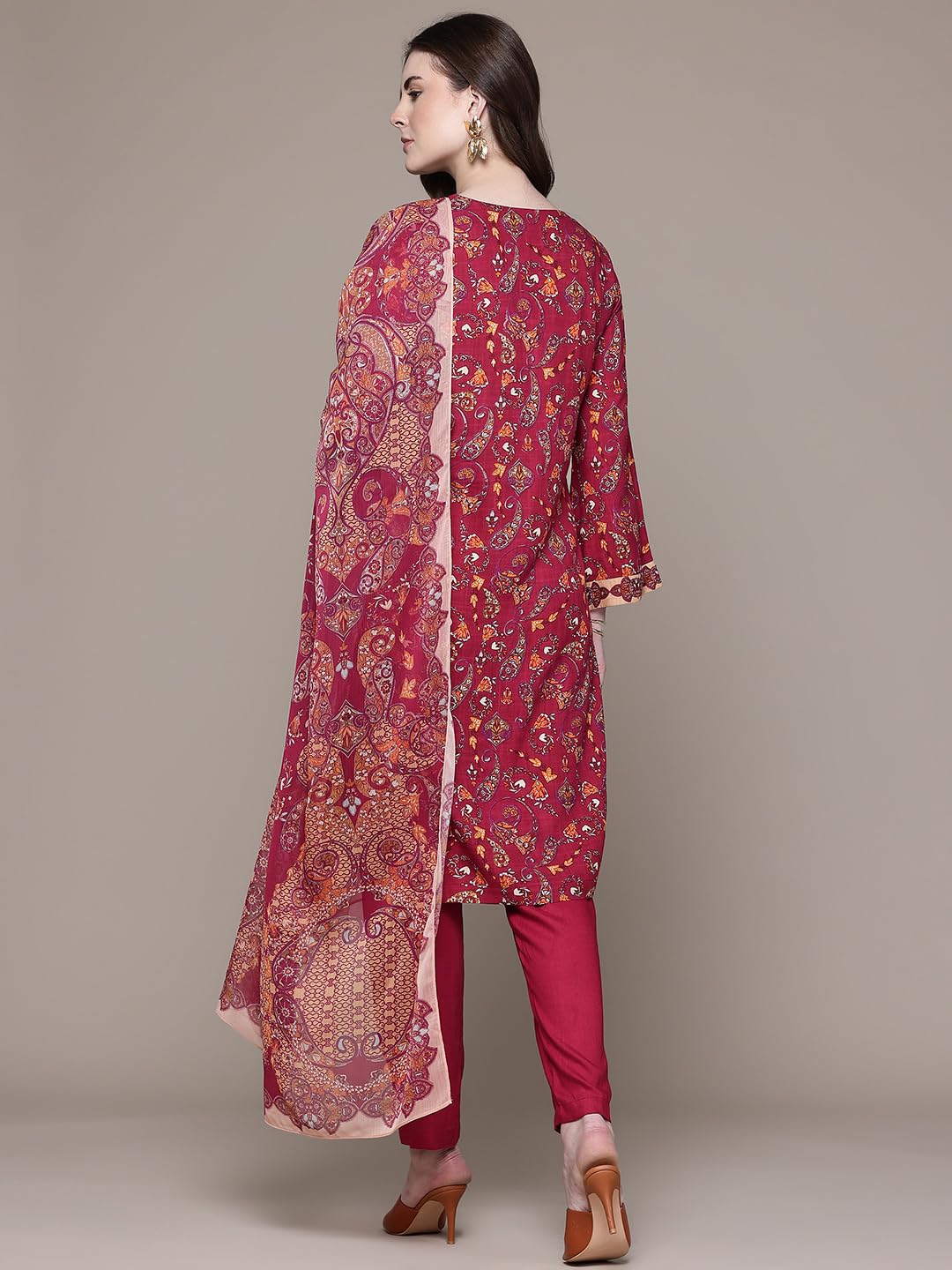 Aarke Ritu Kumar Maroon Dandelion Round Neck Kurta With Pant And Dupatta