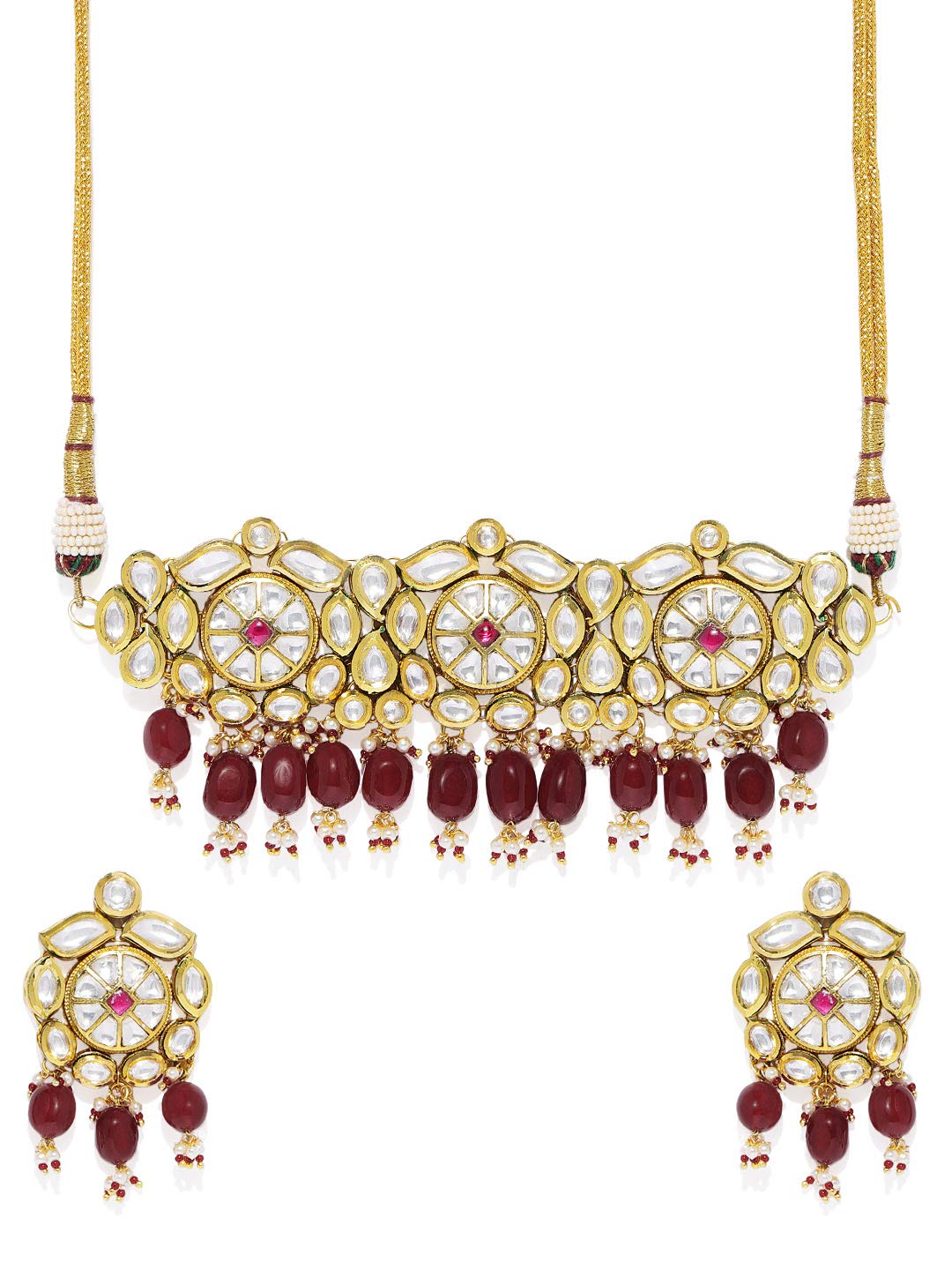 ACCESSHER Gold Plated Traditional Handcrafted Vilandi Kundan and Glass Beads Embellished Necklace Set with Statement Earrings for Women and Girls