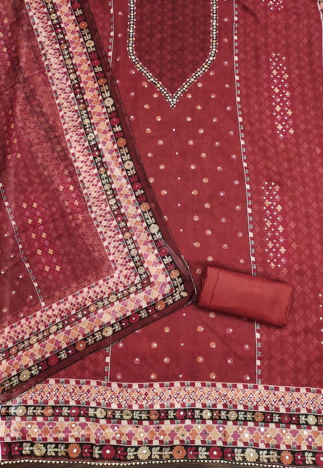 VARNI FABRICS Organza Dress Material for Women Dotted Pattern Unstitched Woman Salwar Suit Dress Material With Organza Dupatta White