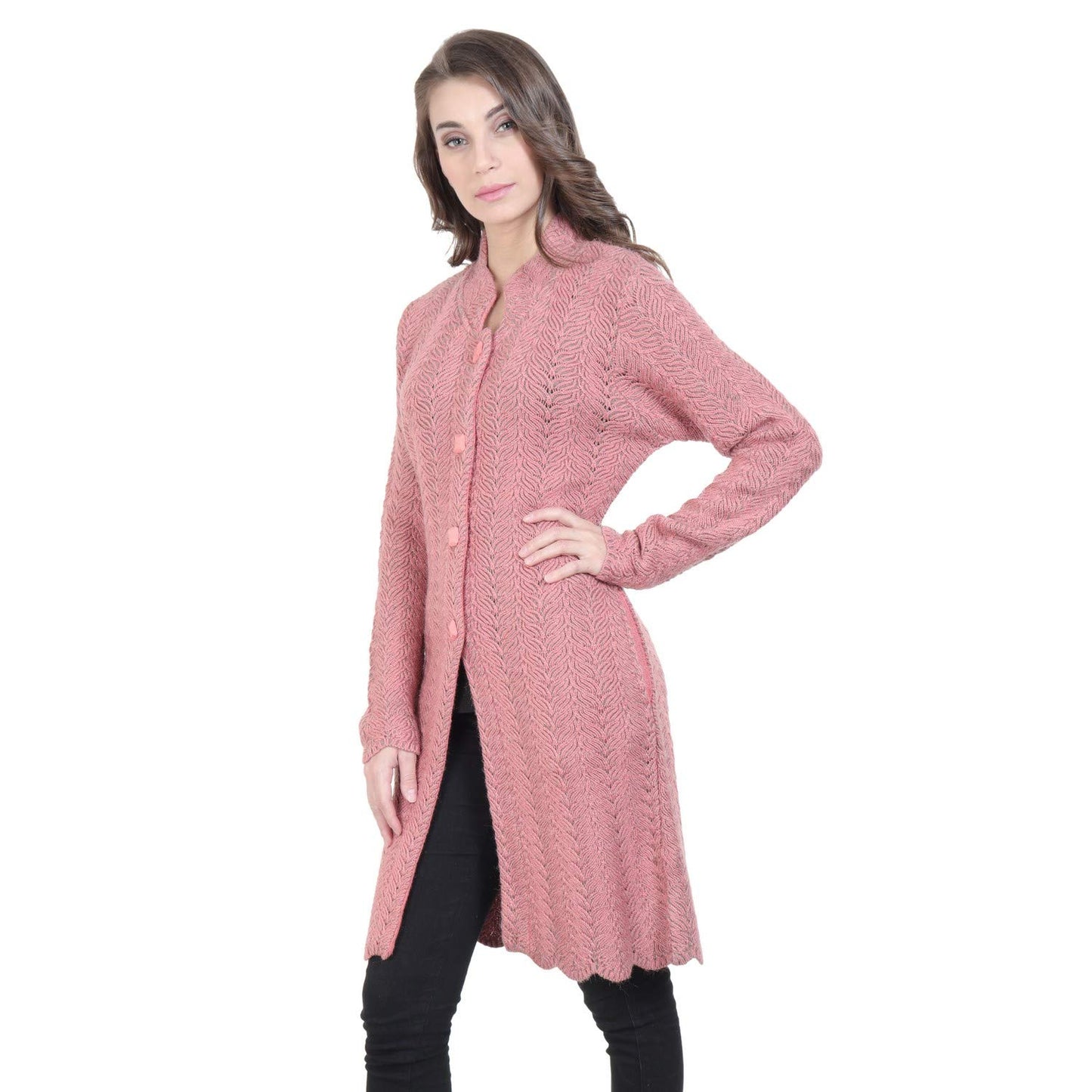 HAUTEMODA Womens Woollen Round Neck Embroidered Cardigan With Pockets (Pink_XXL)