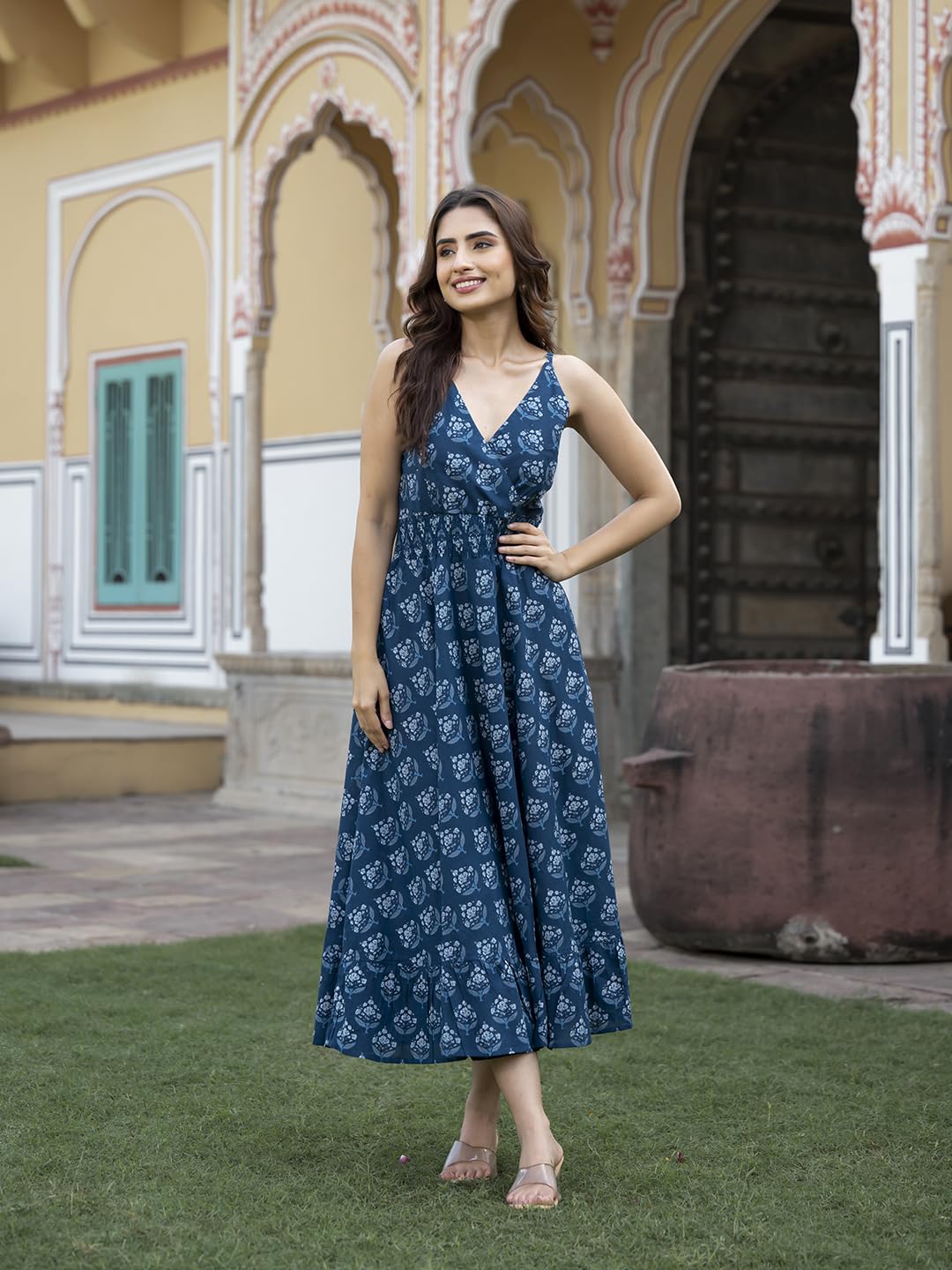 Divena Navy Blue Floral Print Pure Cotton Fit & Flare Dress