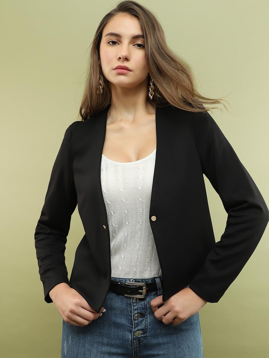 VERO MODA Women Solid Black Polyester Regular Fit Single-Breasted Blazer