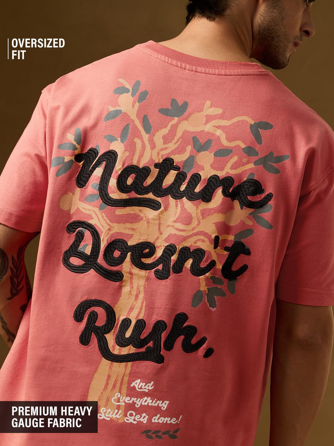 The Souled Store Slow Down Men and Boys Short Sleeves Round Neck Pink Embroidered Cotton Oversized T-Shirts