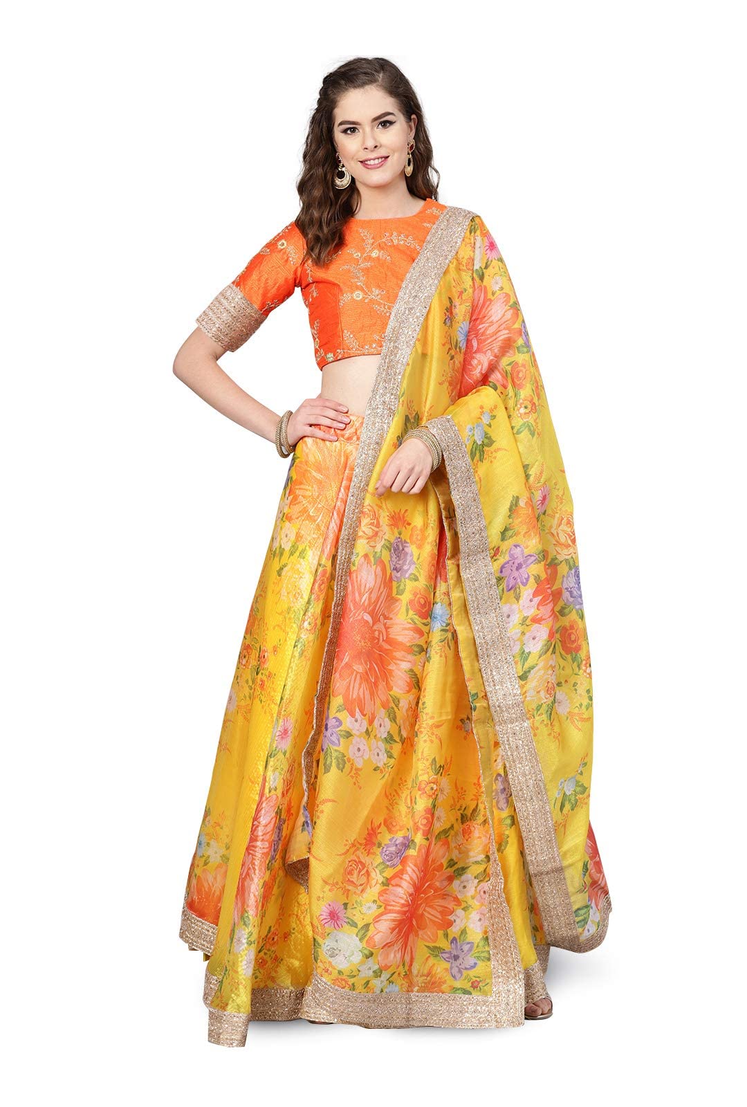 Zeel Clothing Women's Organza Embroidered Fabric Floral Embroidered Semi Stitched Lehenga Choli With Dupatta 7026-New-Yellow-Bridal-Wedding-Lehangafree Size, Customizable Length