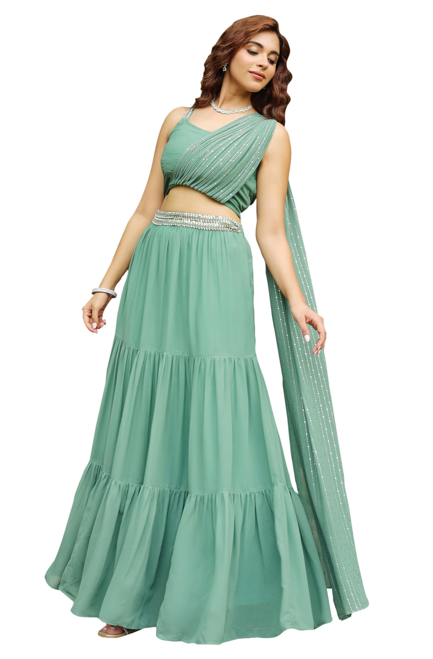 Janasya Women's Sage Green Georgette Embellished Tiered Lehenga Choli Set (JAB24LC00587-A-L)