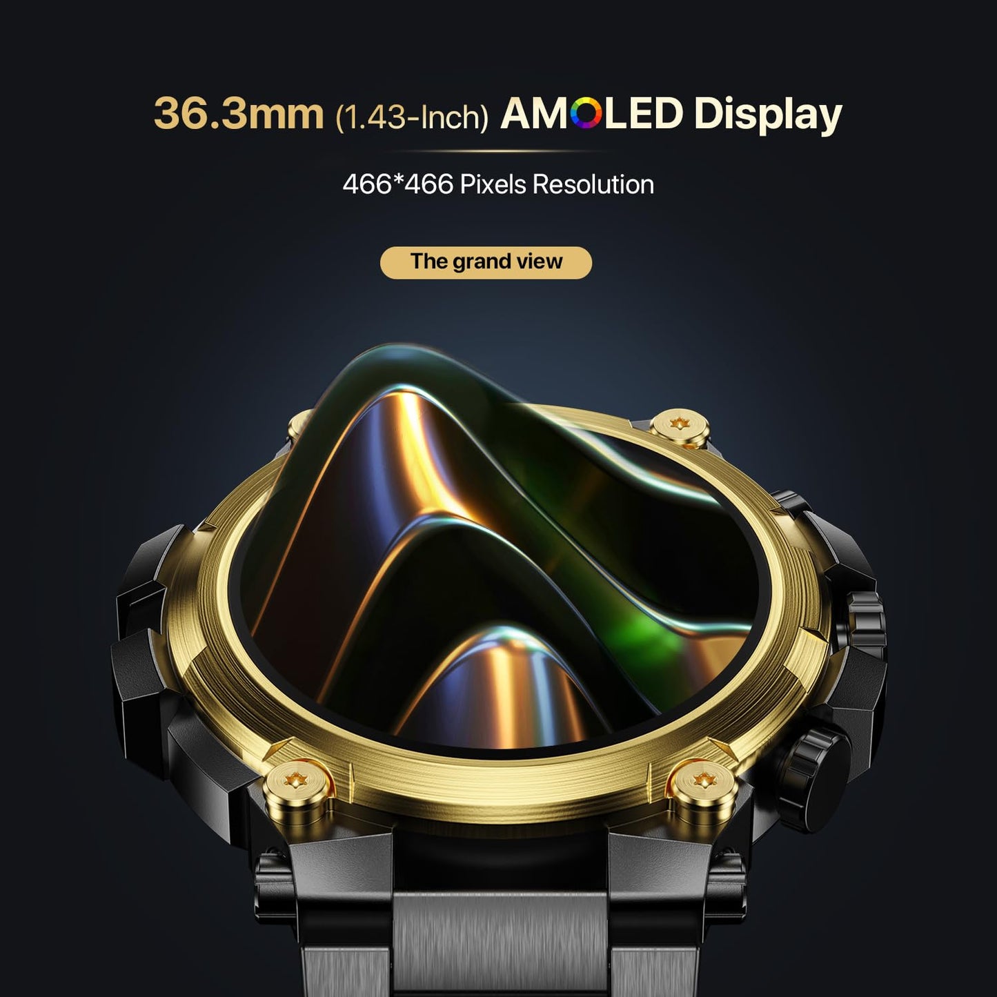 Fire-Boltt Dominian 36.3mm (1.43 inch) AMOLED Display, Stainless Steel Design, 466 * 466 px Resolution, Bluetooth Calling, Multiple Sports Modes, Health Mode, IP67, Weather Updates (Black Gold)