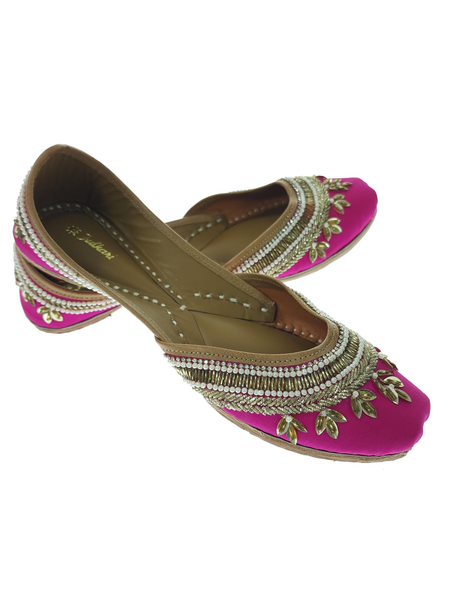 Fulkari Women's Blossom Magenta Gold Soft Leather Embroidered Jutis | Bite and Pinch Free Jutti | Punjabi Formal Juttis | Girl's Wedding Flat Ladies Mojari | Formal Ethnic Juti | 41