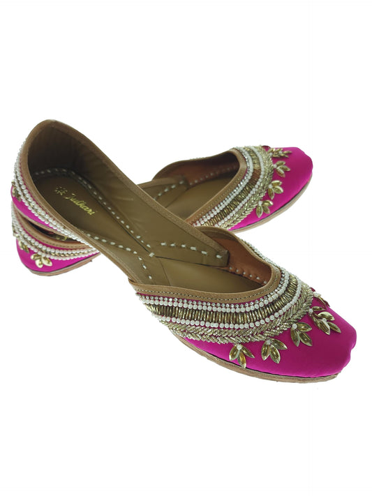 Fulkari Women's Blossom Magenta Gold Soft Leather Embroidered Jutis | Bite and Pinch Free Jutti | Punjabi Formal Juttis | Girl's Wedding Flat Ladies Mojari | Formal Ethnic Juti | 41