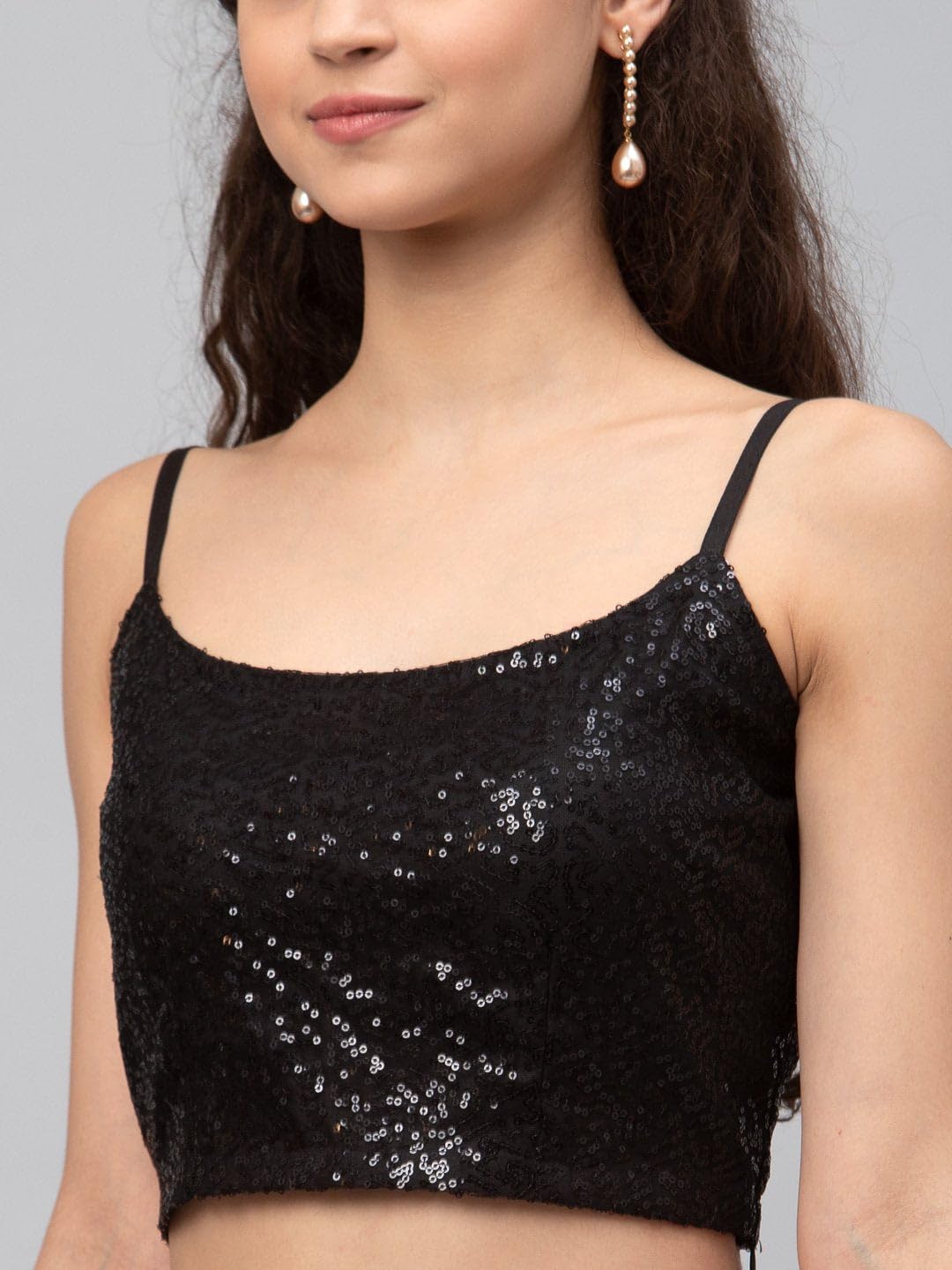 studio rasa Women's Plus Size Net Sequins Embroidered Spaghetti Blouse for Wedding Party Festive (TPWC22121-3XL_BLA_Black_3X-Large)