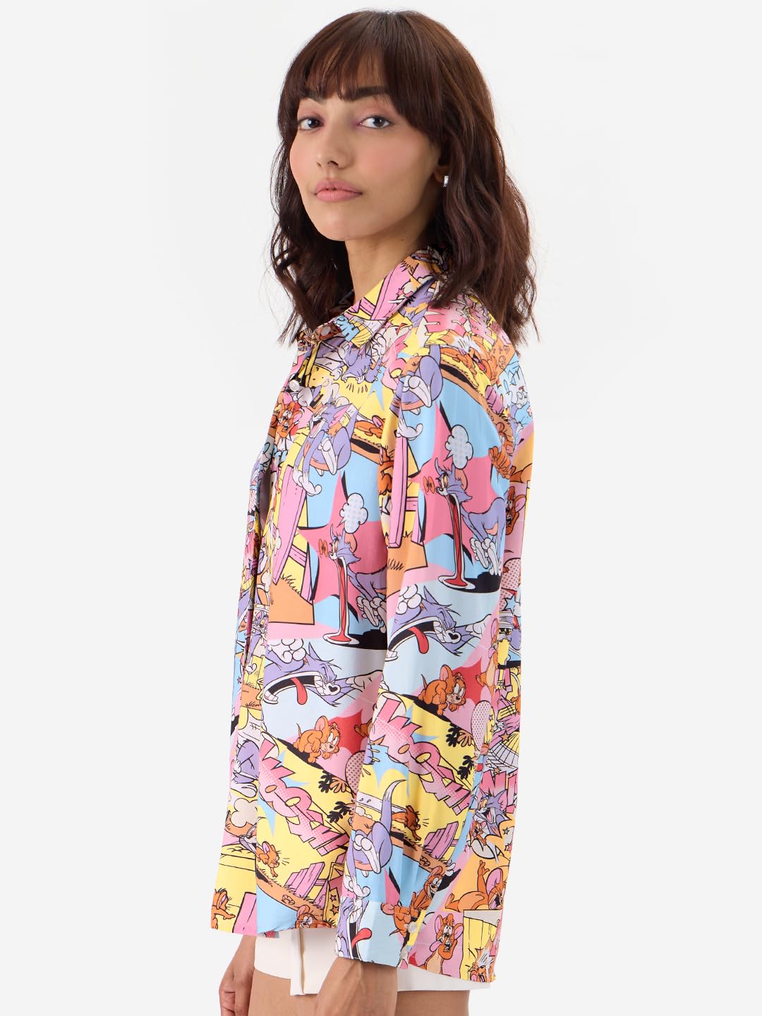 The Souled Store Official Tom & Jerry: High Energy Women and Girls Long Sleeve Button Front Collared Neck All Over Print Regular Fit Shirts Multicolour Old Retro Cartoon 90s Animated Character